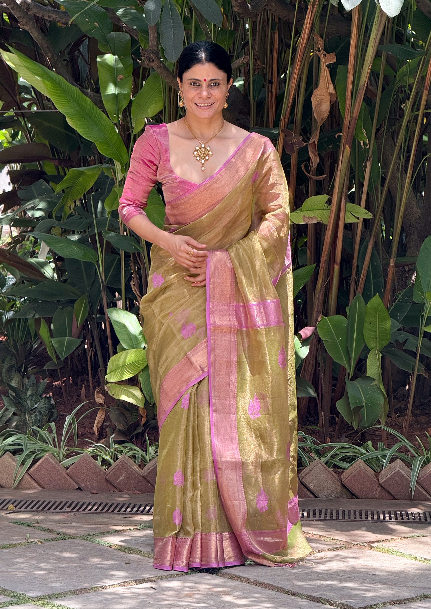 Handloom Tissue Silk Saree Adorned With Handmade Motifs