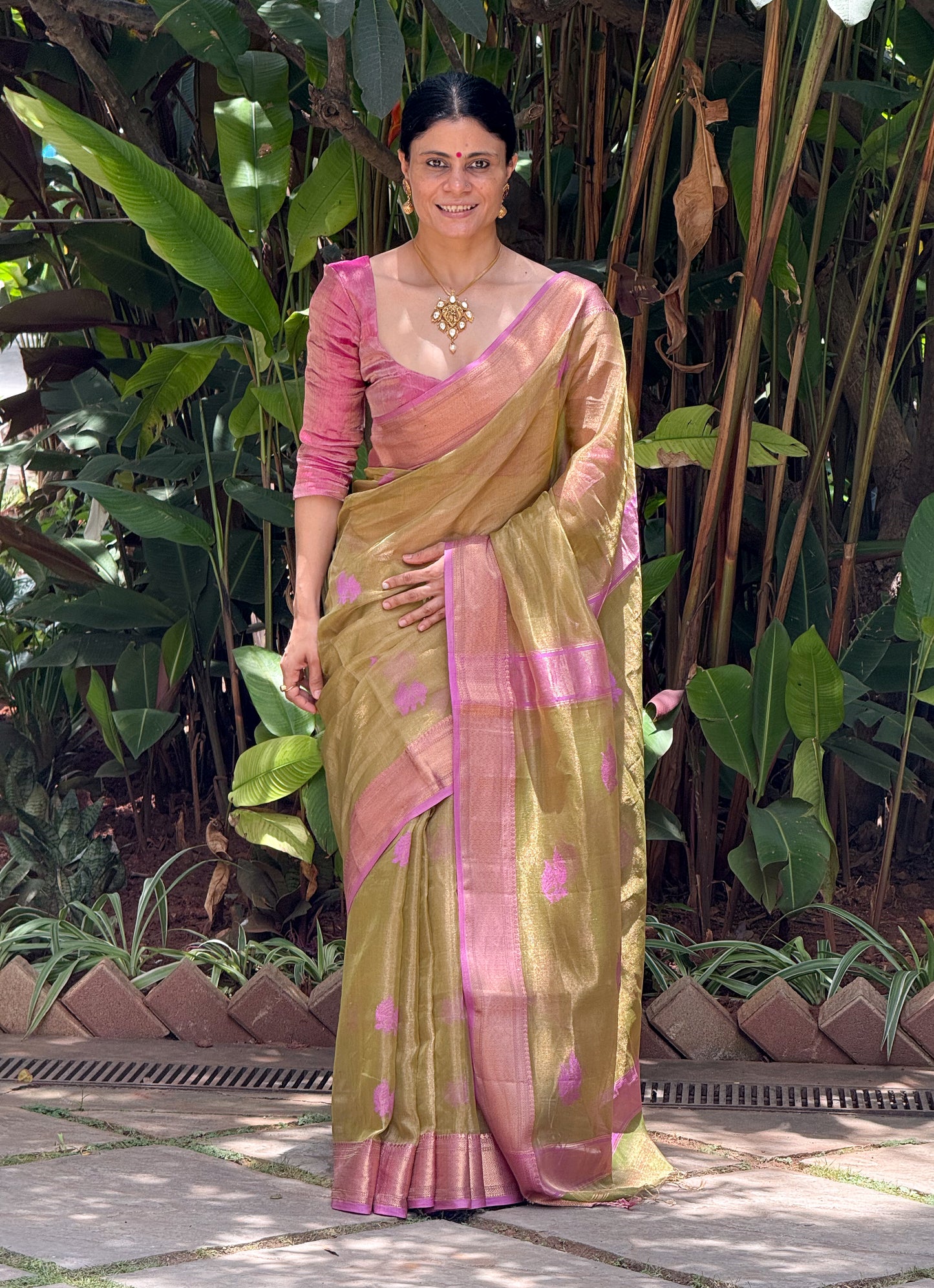 Handloom Tissue Silk Saree Adorned With Handmade Motifs