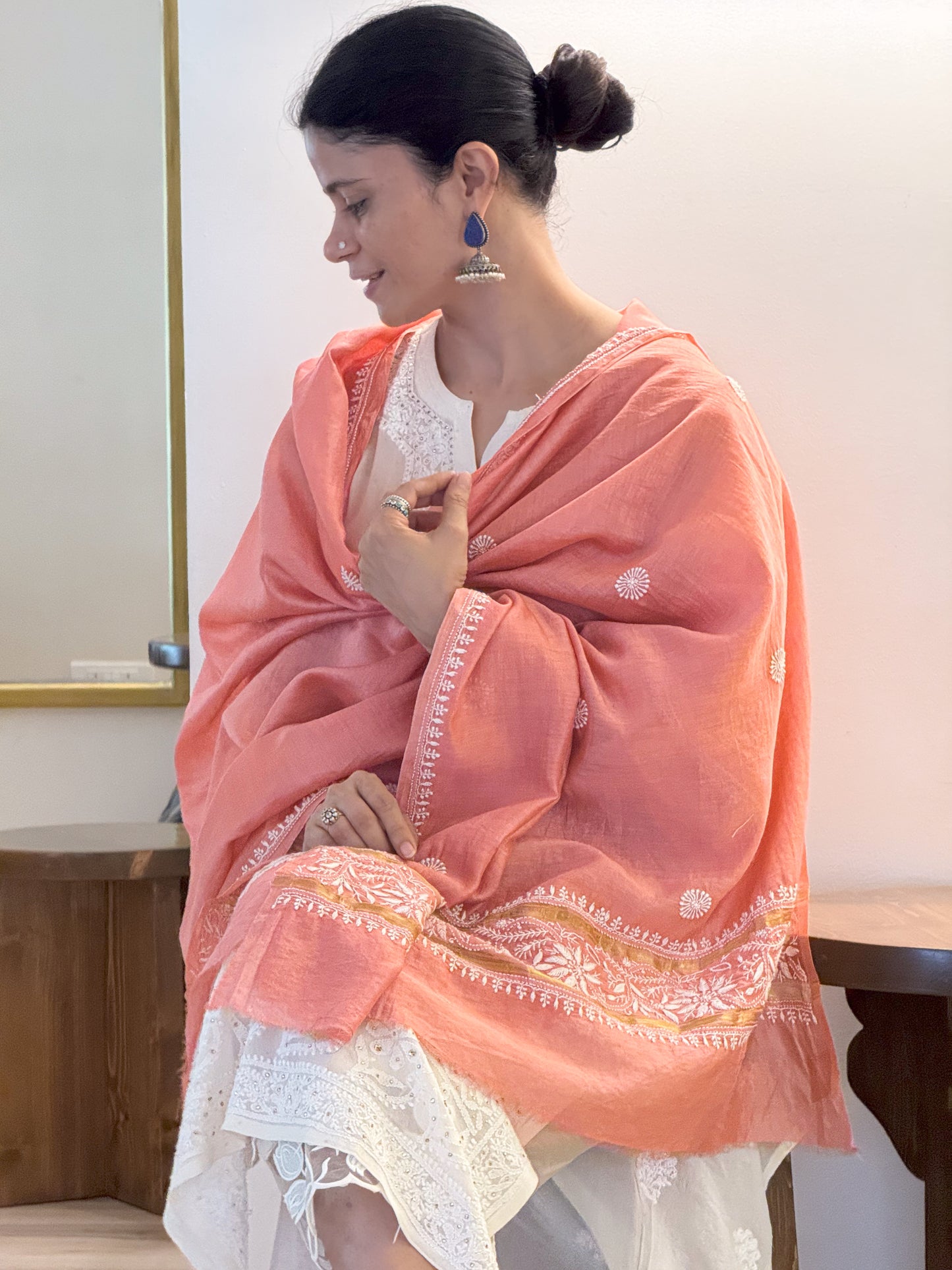 Chanderi Silk Handembroidered Chikankari Dupatta