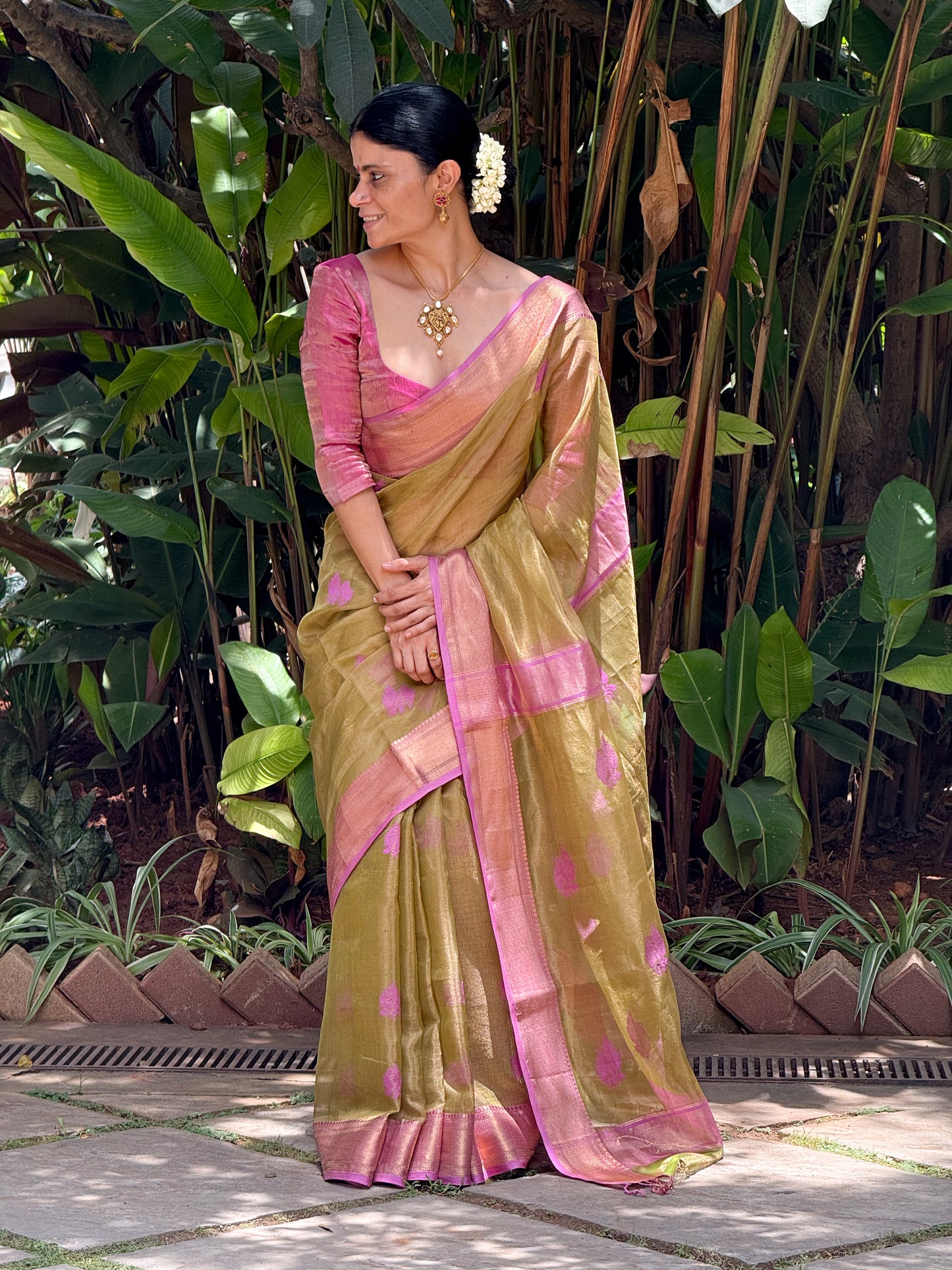 Handloom Tissue Silk Saree Adorned With Handmade Motifs