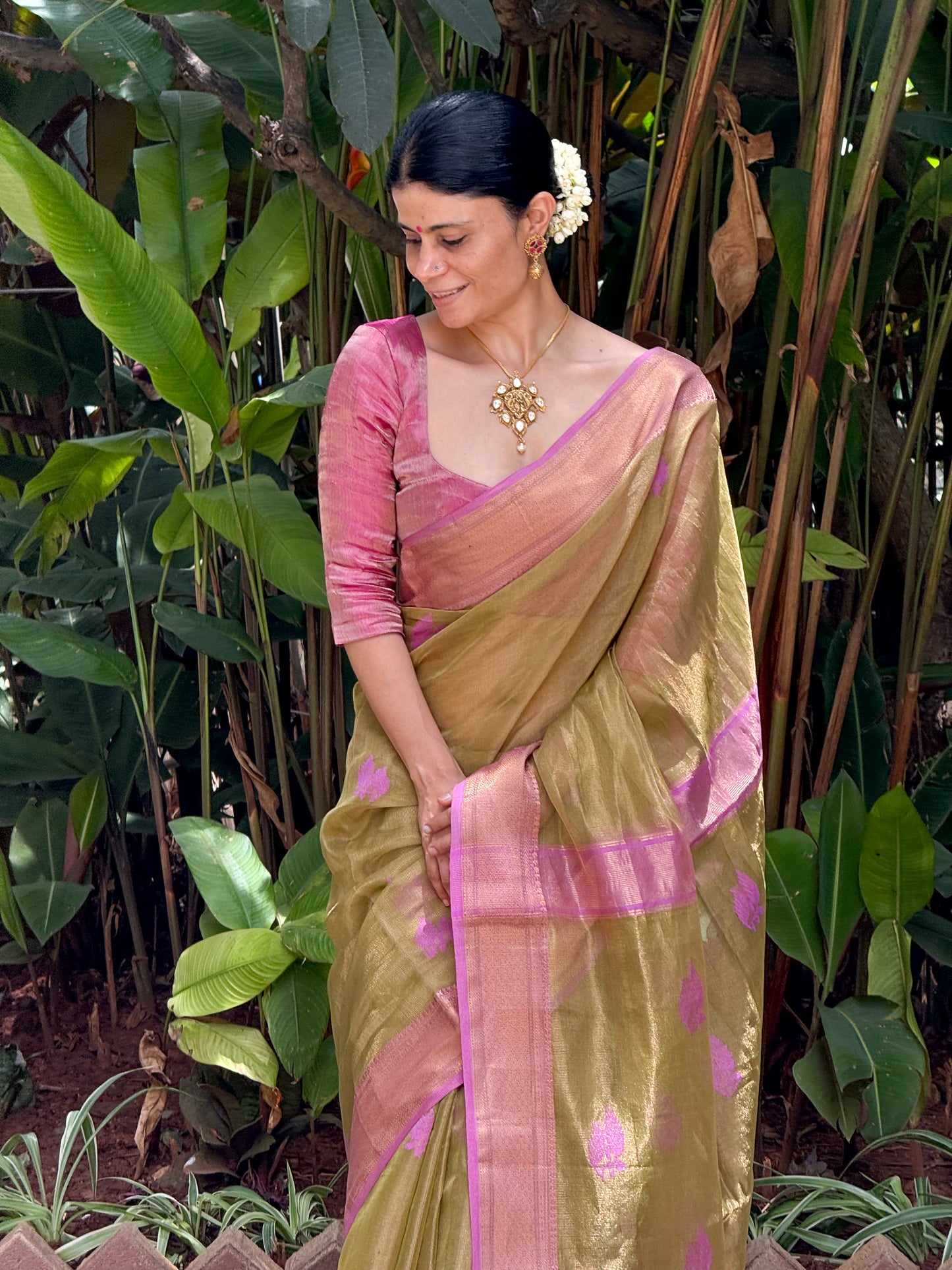Handloom Tissue Silk Saree Adorned With Handmade Motifs