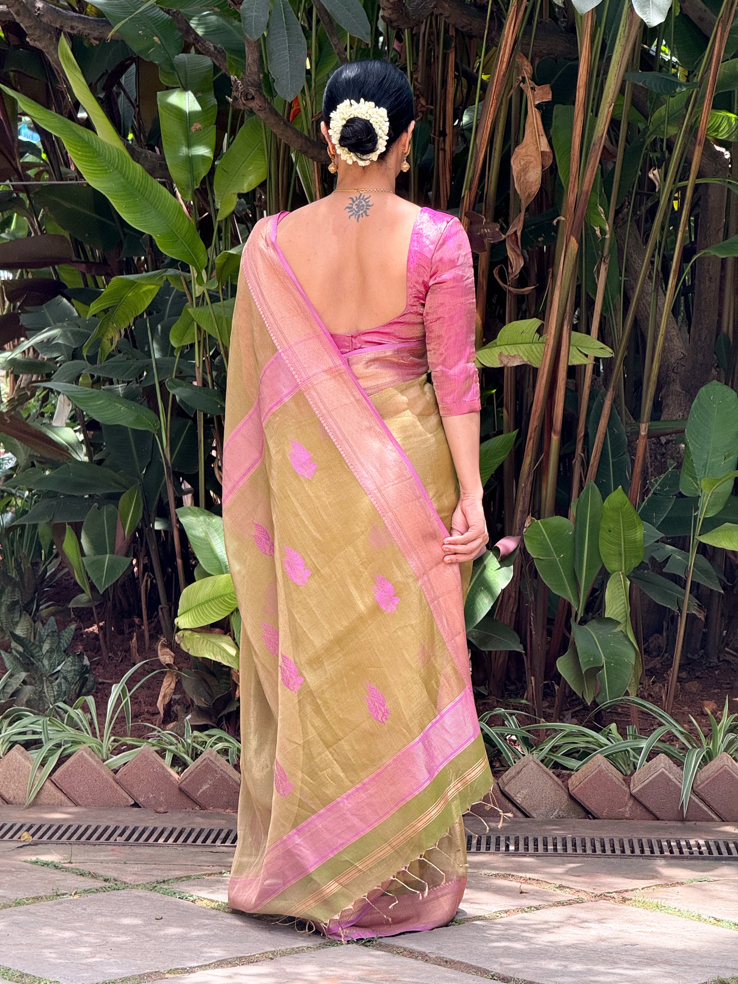 Handloom Tissue Silk Saree Adorned With Handmade Motifs