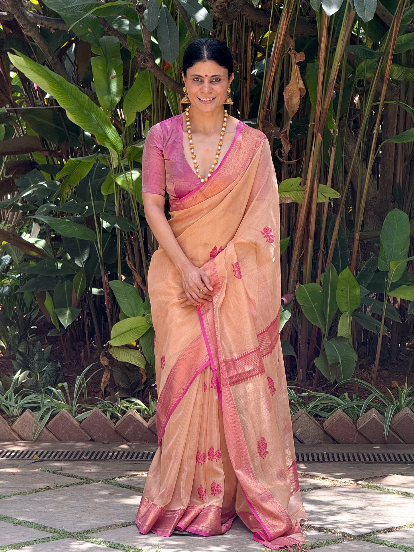 Handloom Tissue Silk Saree Adorned With Handmade Motifs