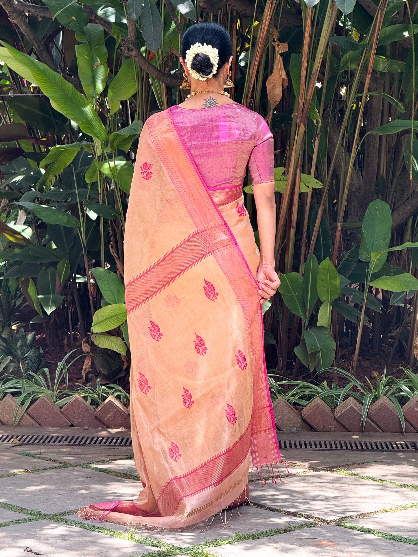 Handloom Tissue Silk Saree Adorned With Handmade Motifs