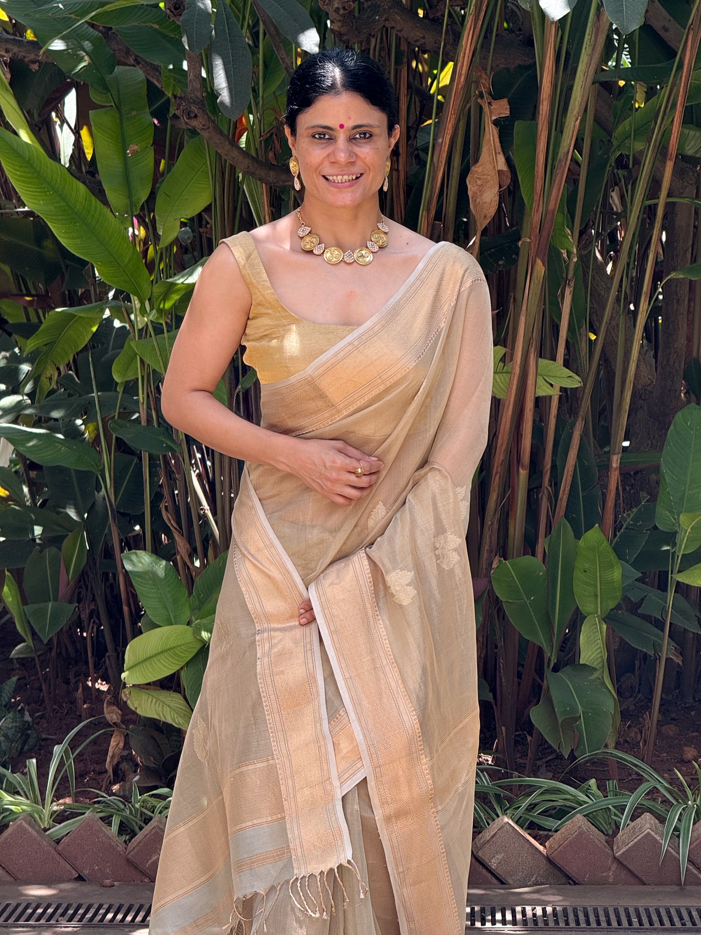 Handloom Tissue Silk Saree Adorned With Handmade Motifs
