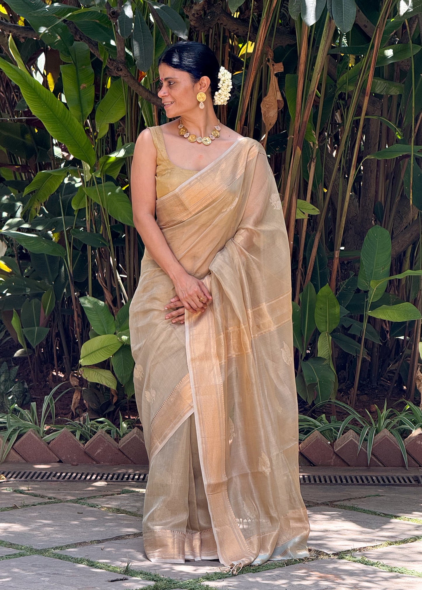 Handloom Tissue Silk Saree Adorned With Handmade Motifs
