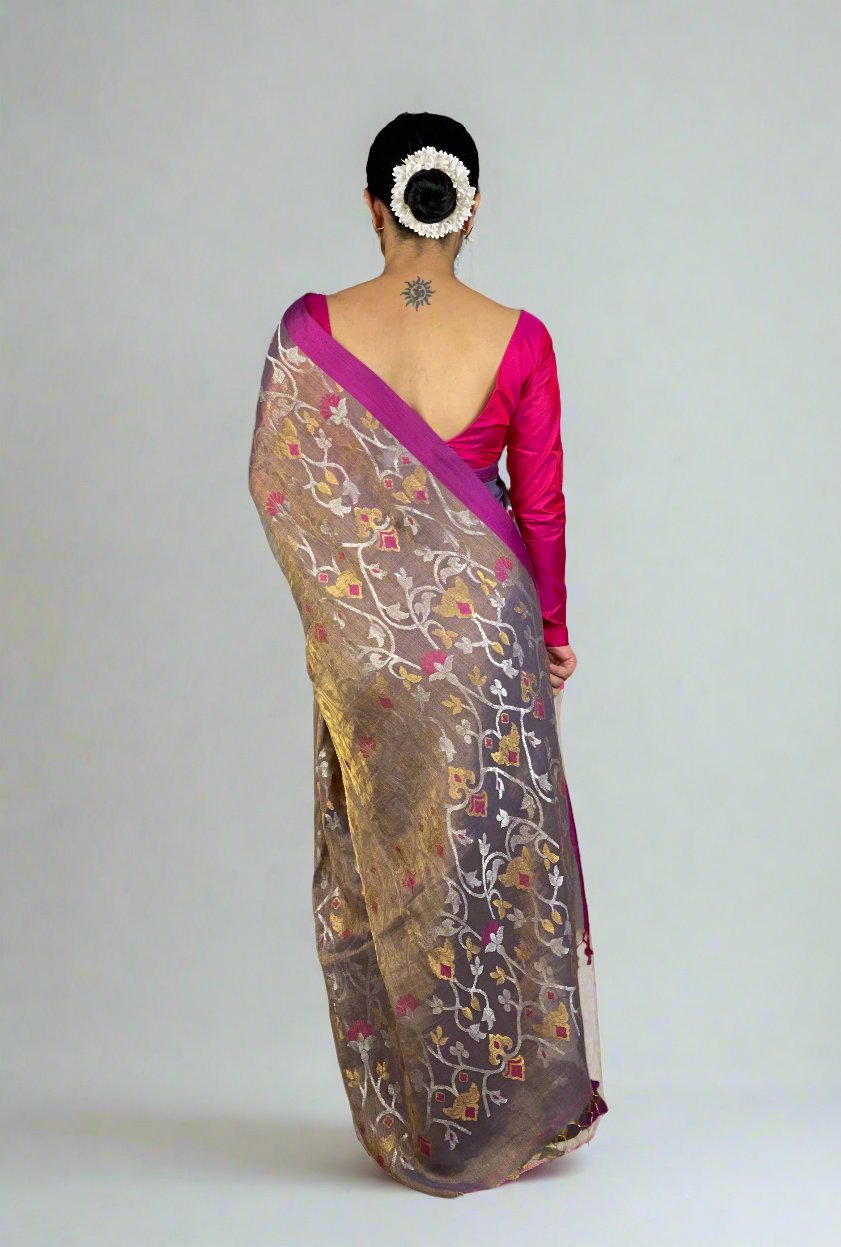 Handwoven Twill Metallic Jamdani saree