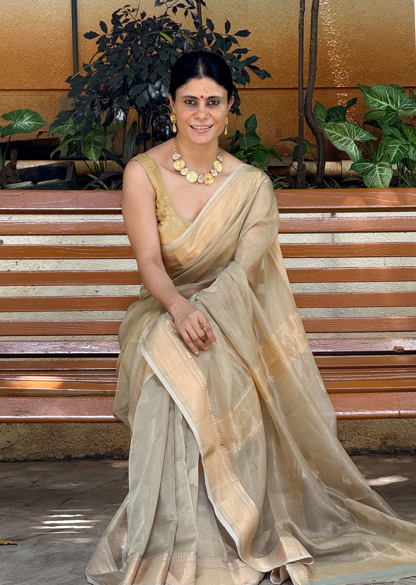 Handloom Tissue Silk Saree Adorned With Handmade Motifs