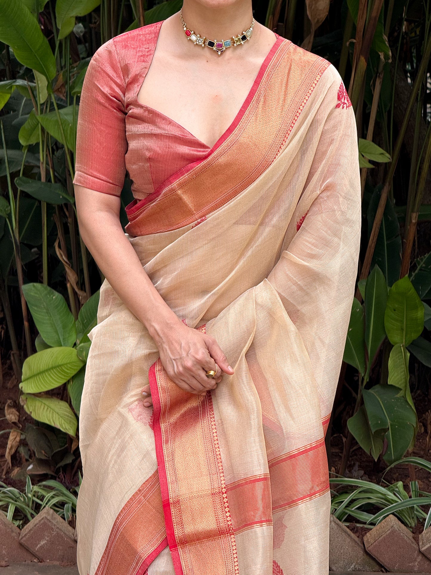 Handloom Tissue Silk Saree Adorned With Handmade Motifs