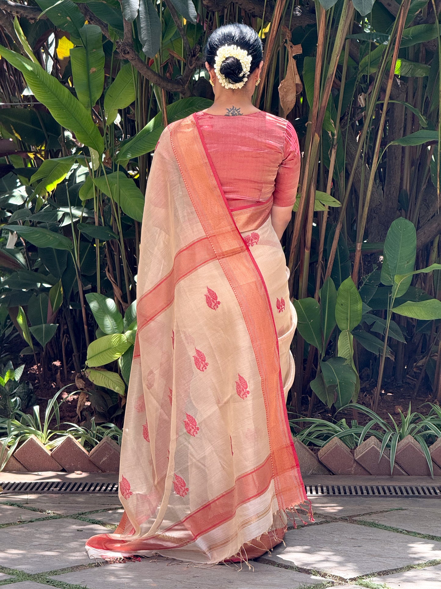Handloom Tissue Silk Saree Adorned With Handmade Motifs
