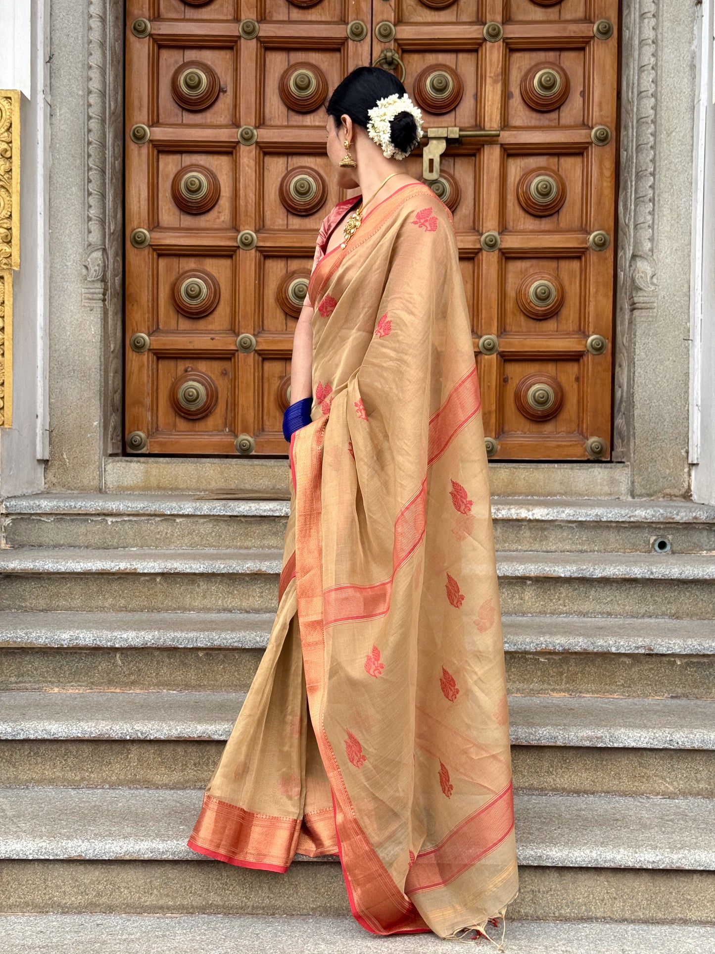 Handloom Tissue Silk Saree Adorned With Handmade Motifs