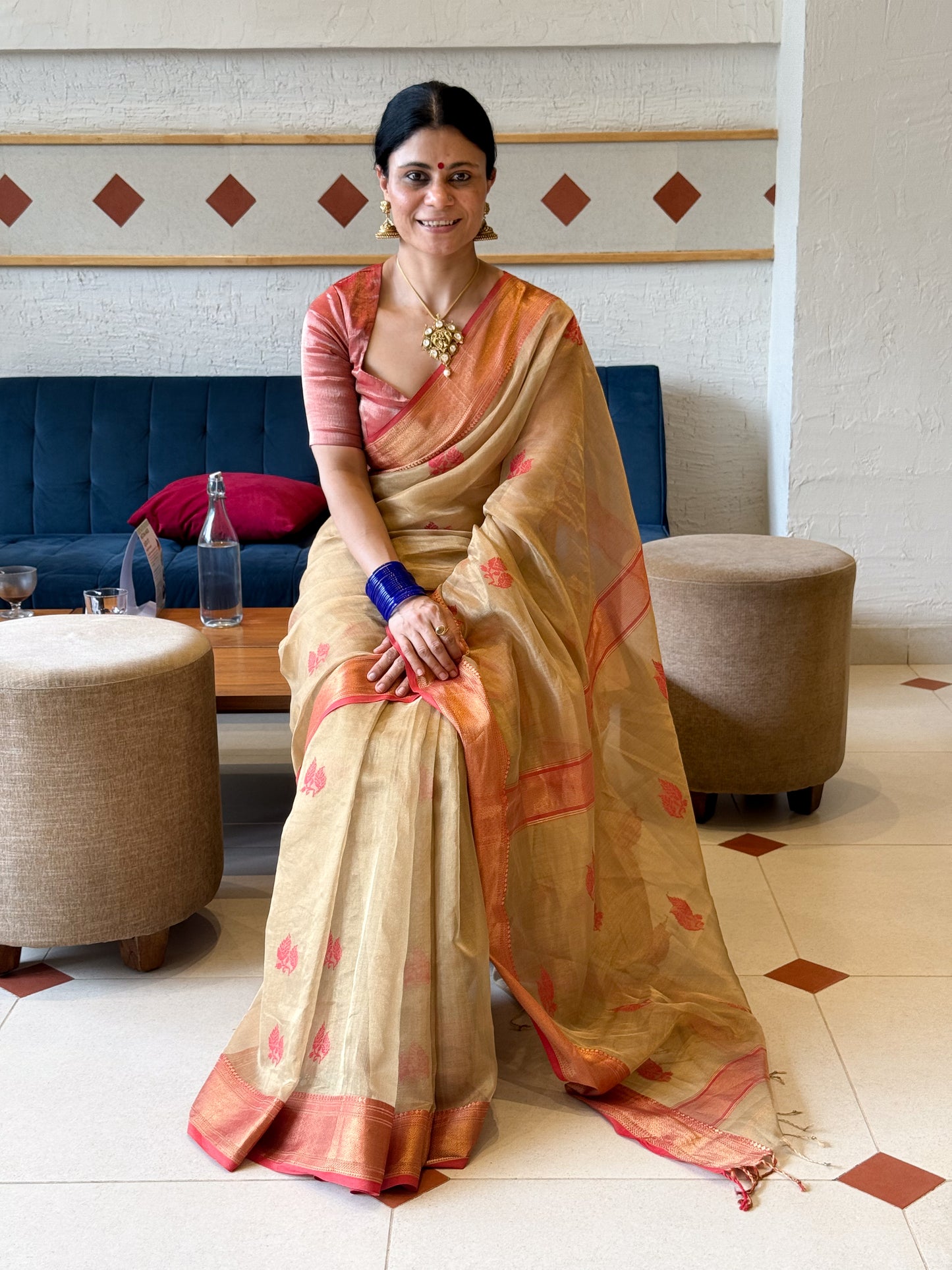 Handloom Tissue Silk Saree Adorned With Handmade Motifs