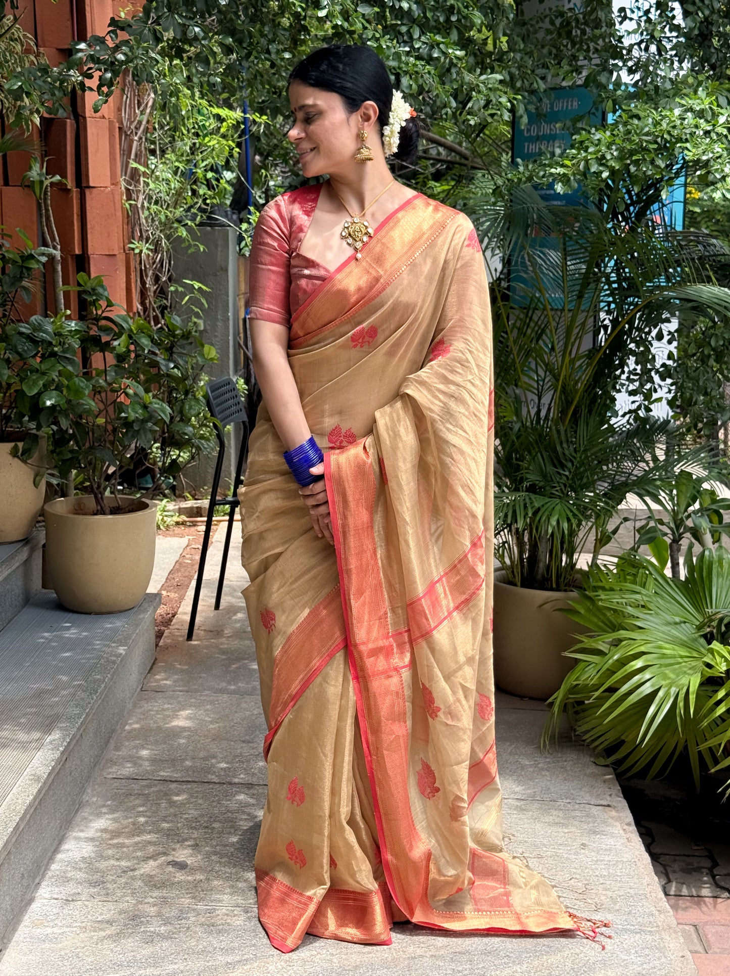 Handloom Tissue Silk Saree Adorned With Handmade Motifs