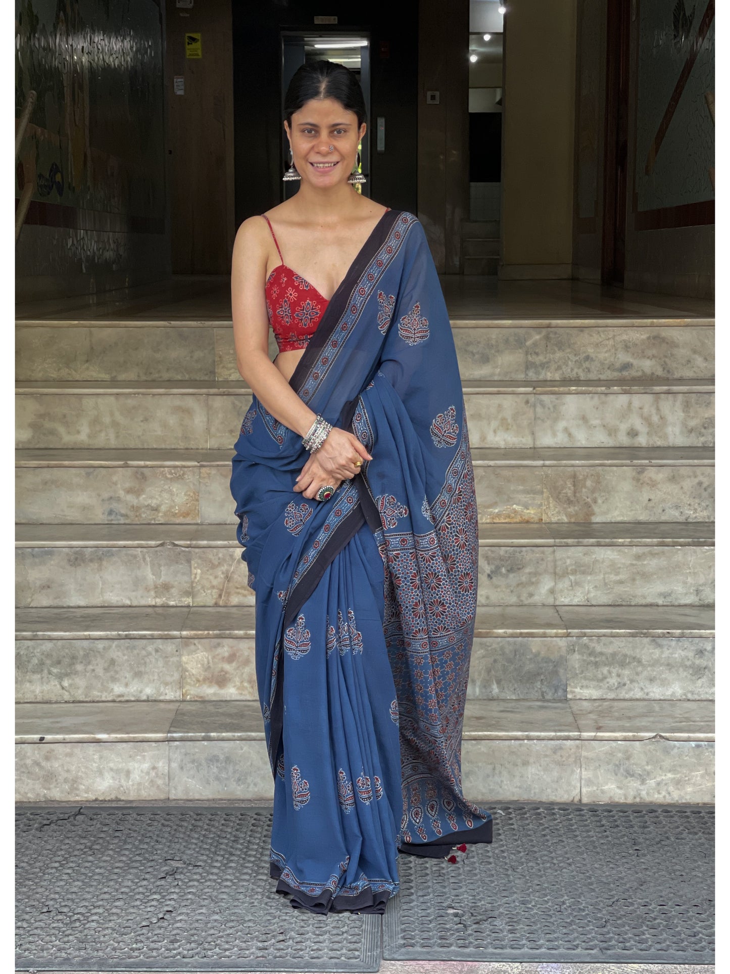 Handblock Printed Natural Dyed Ajrakh Mull Cotton Saree