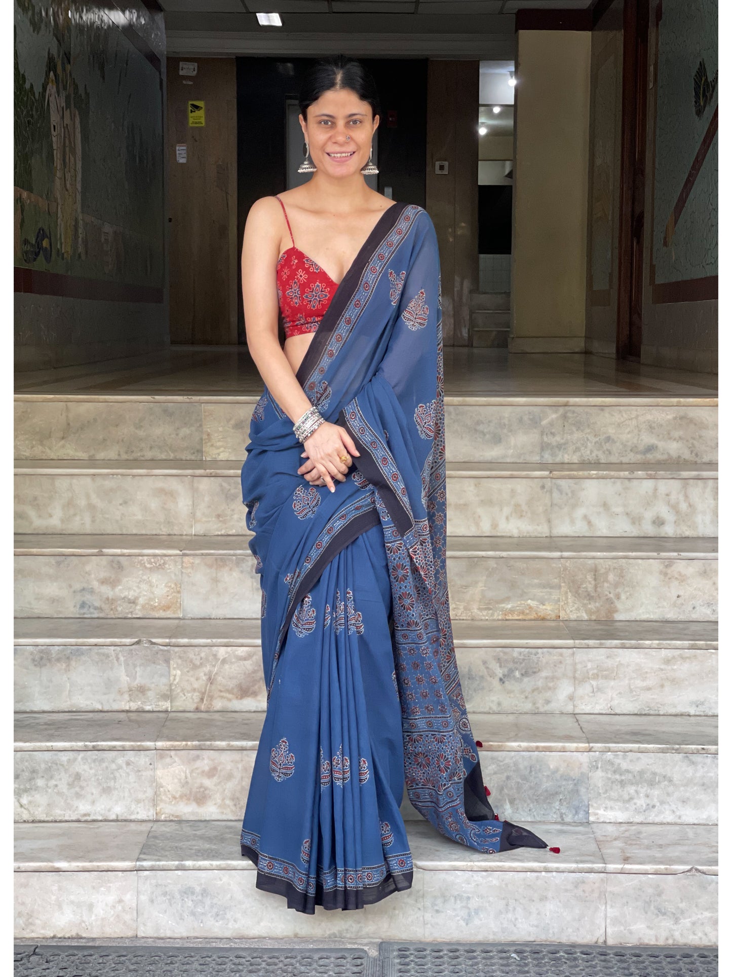 Handblock Printed Natural Dyed Ajrakh Mull Cotton Saree