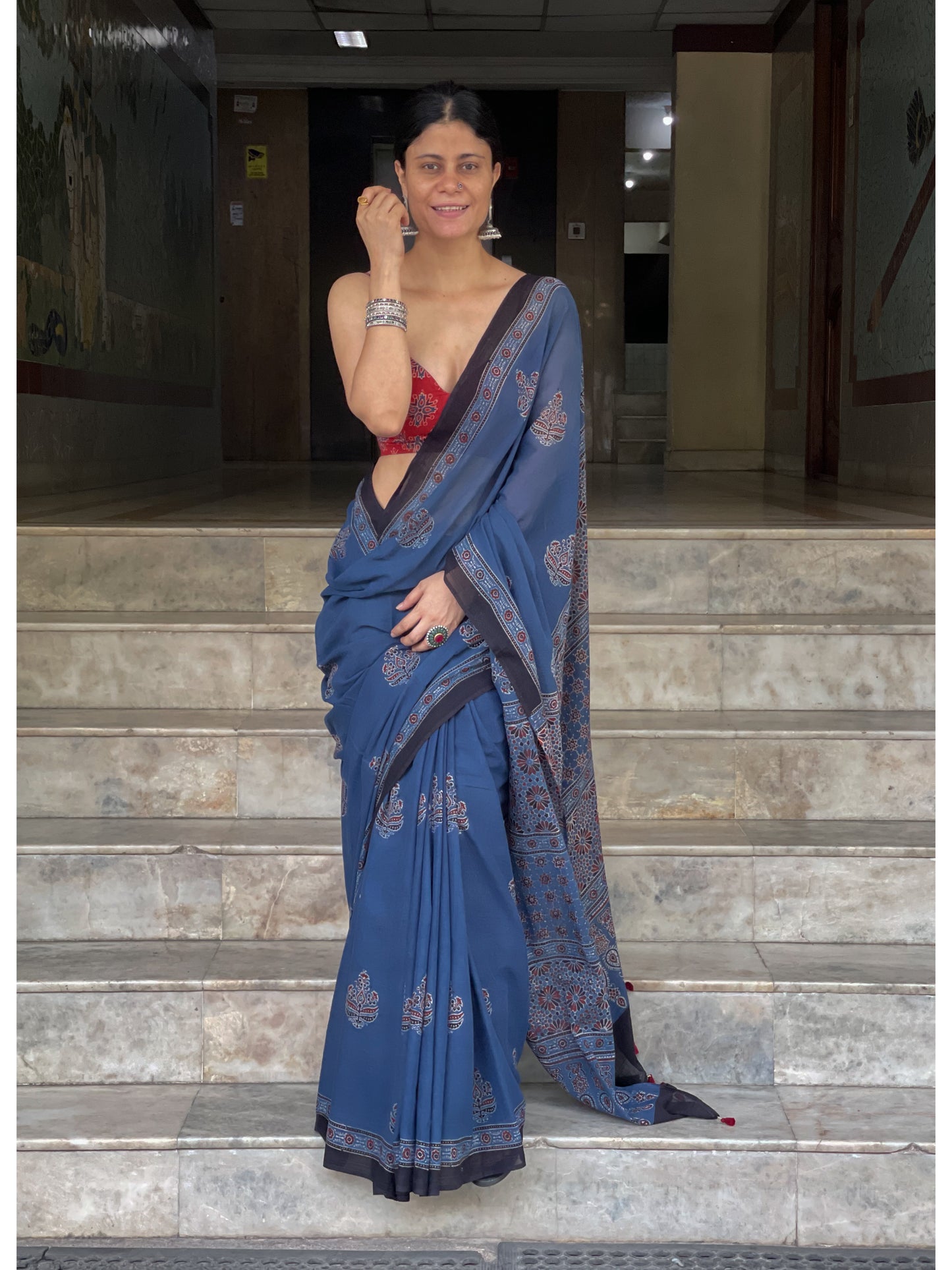 Handblock Printed Natural Dyed Ajrakh Mull Cotton Saree