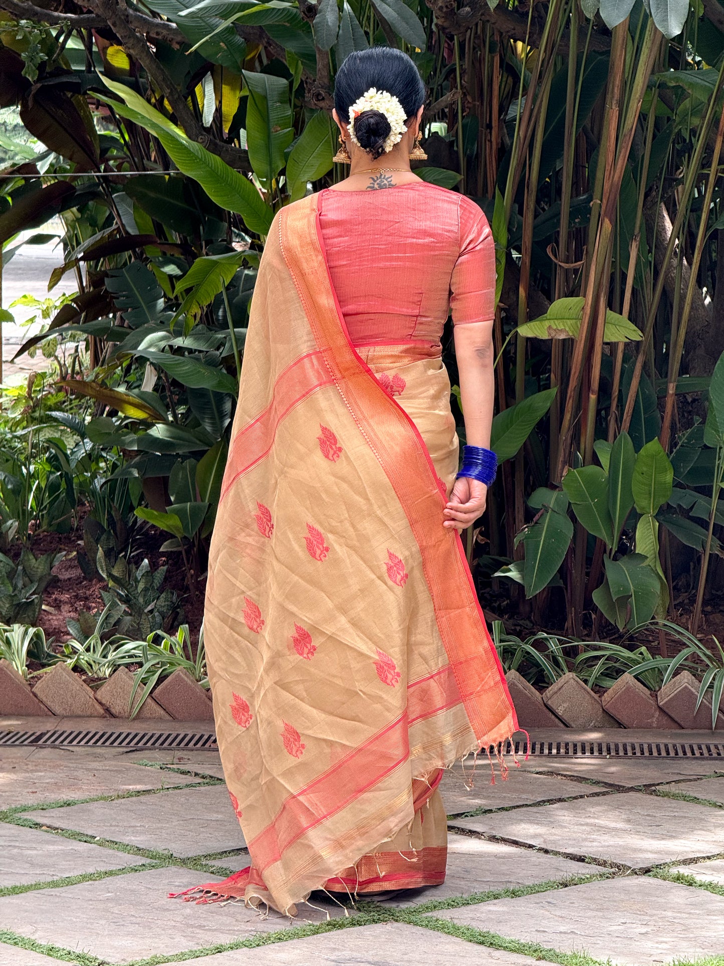 Handloom Tissue Silk Saree Adorned With Handmade Motifs