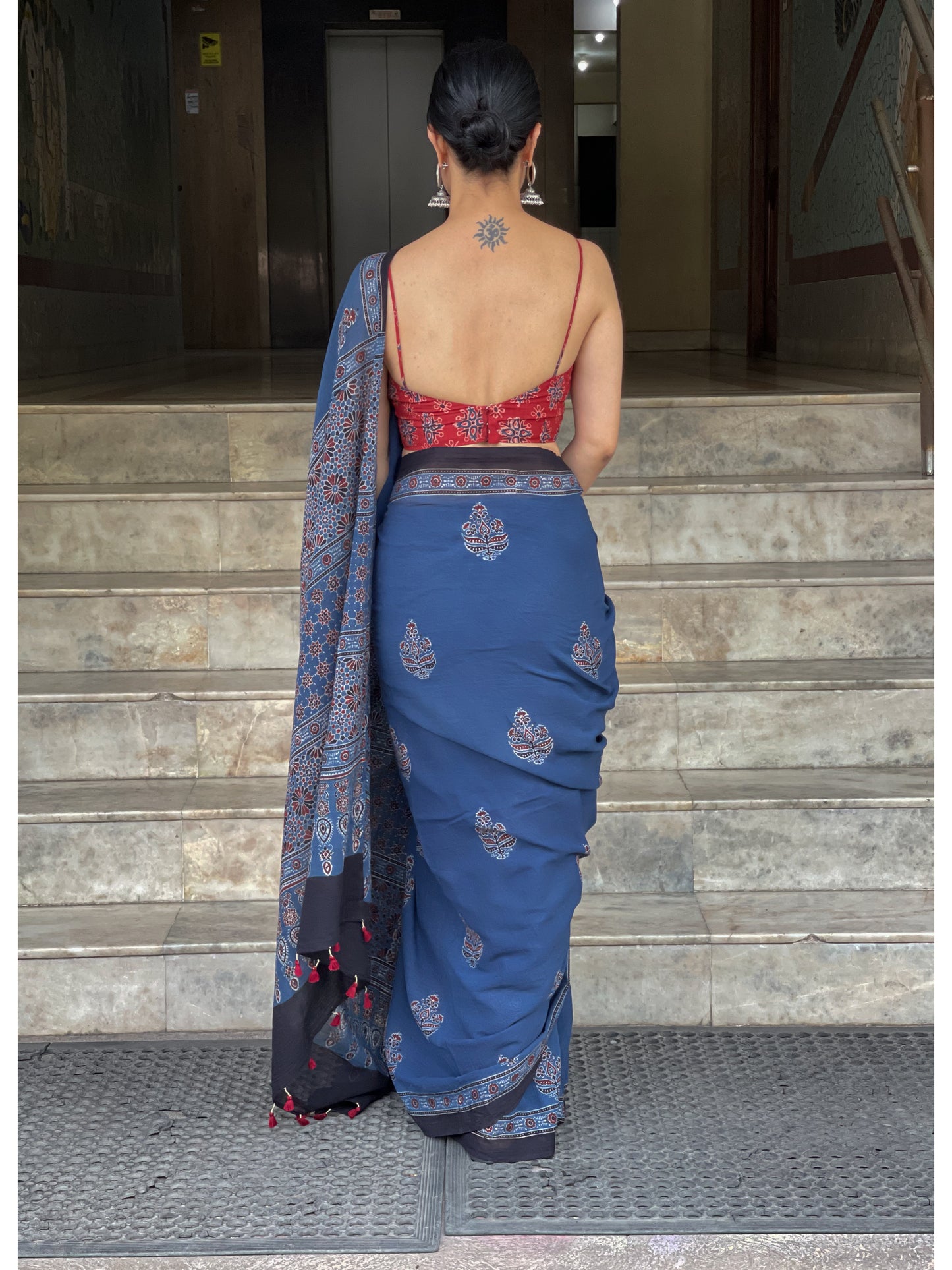 Handblock Printed Natural Dyed Ajrakh Mull Cotton Saree