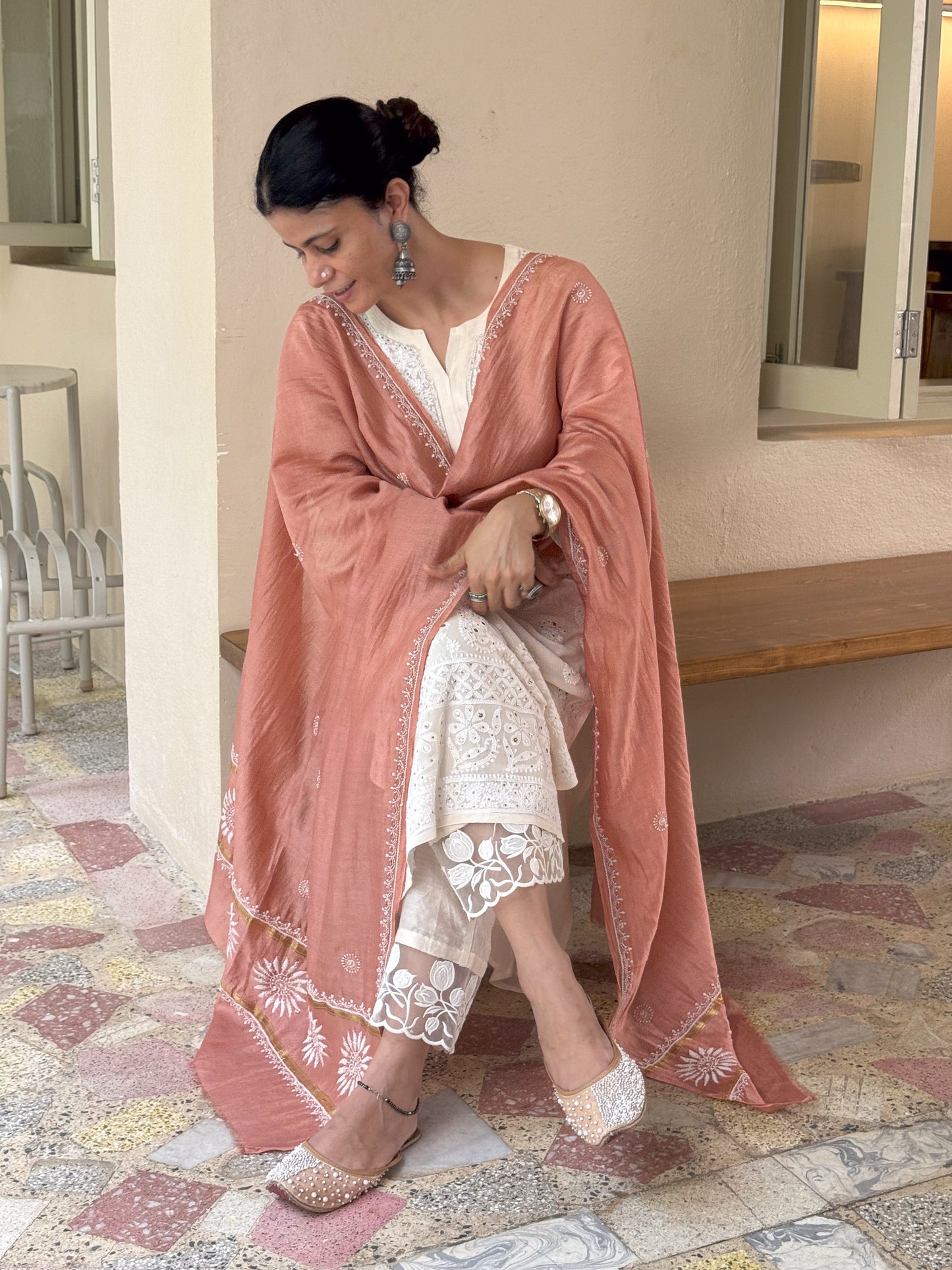 Chanderi Silk Handembroidered Chikankari Dupatta
