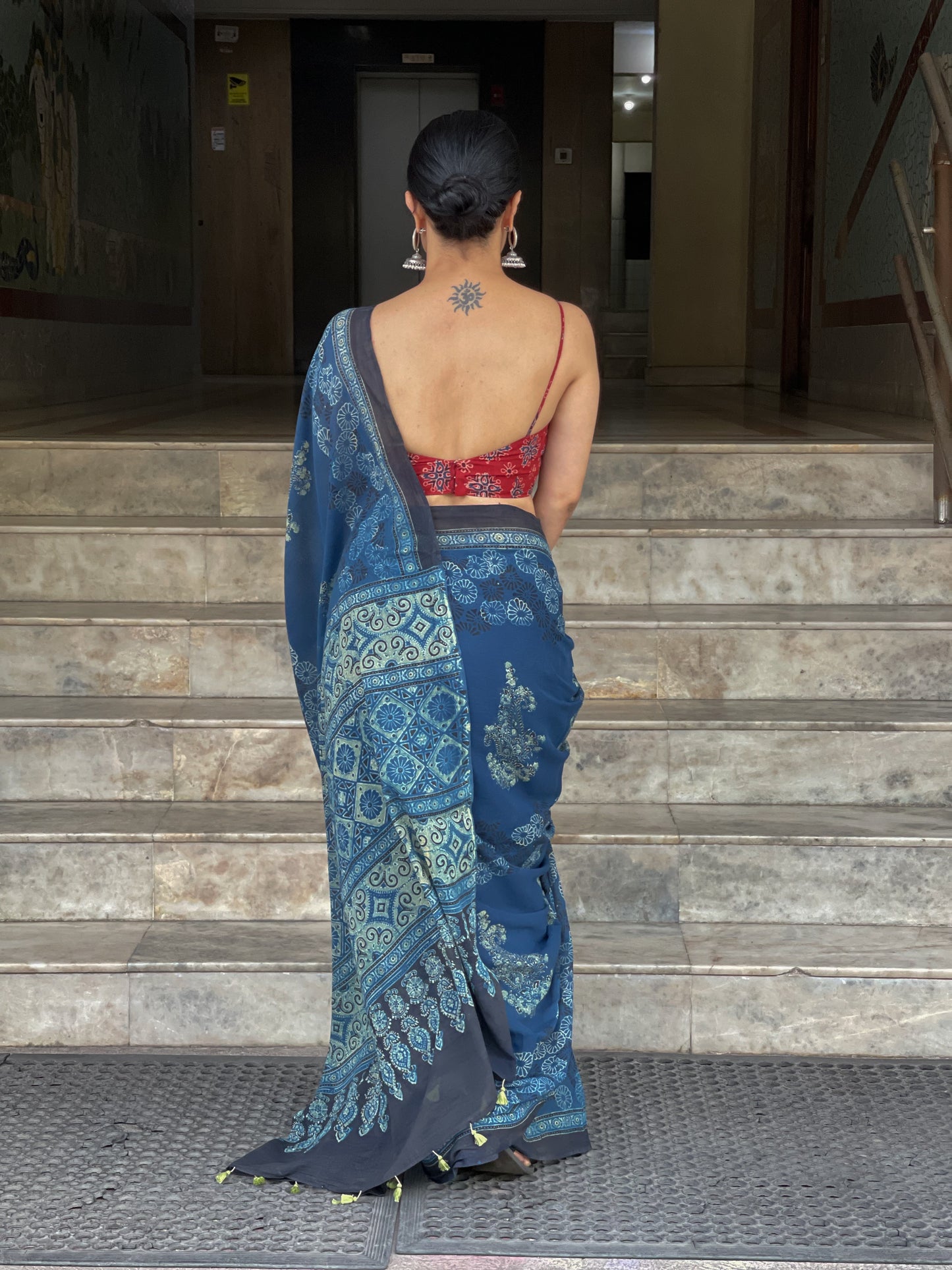 Handblock Printed Natural Dyed Ajrakh Mull Cotton Saree