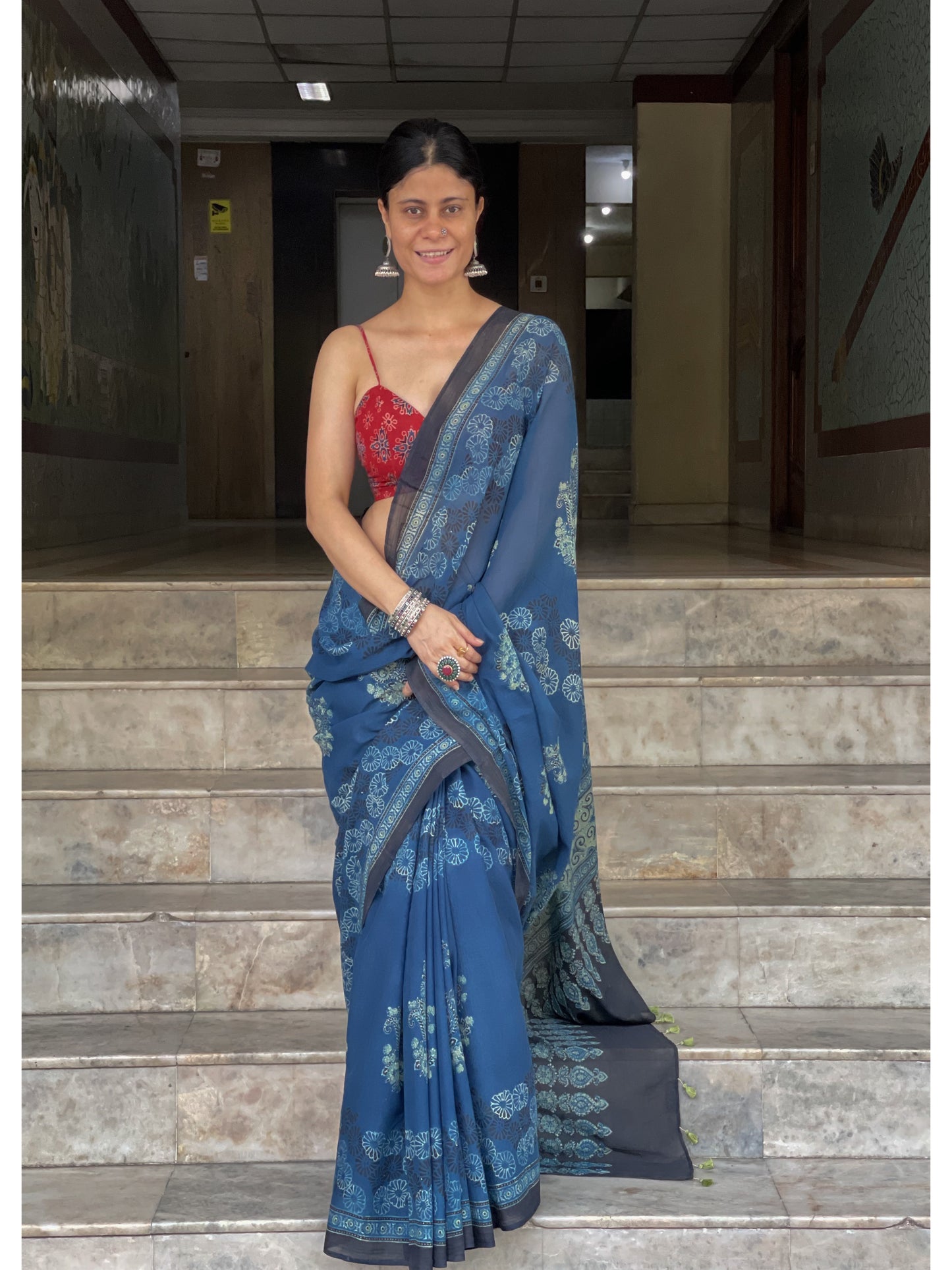 Handblock Printed Natural Dyed Ajrakh Mull Cotton Saree