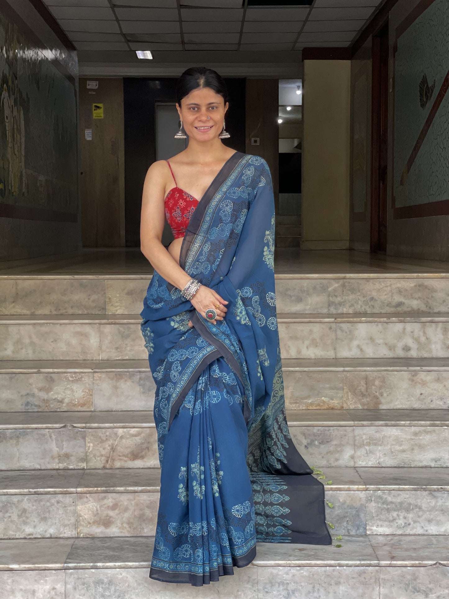 Handblock Printed Natural Dyed Ajrakh Mull Cotton Saree