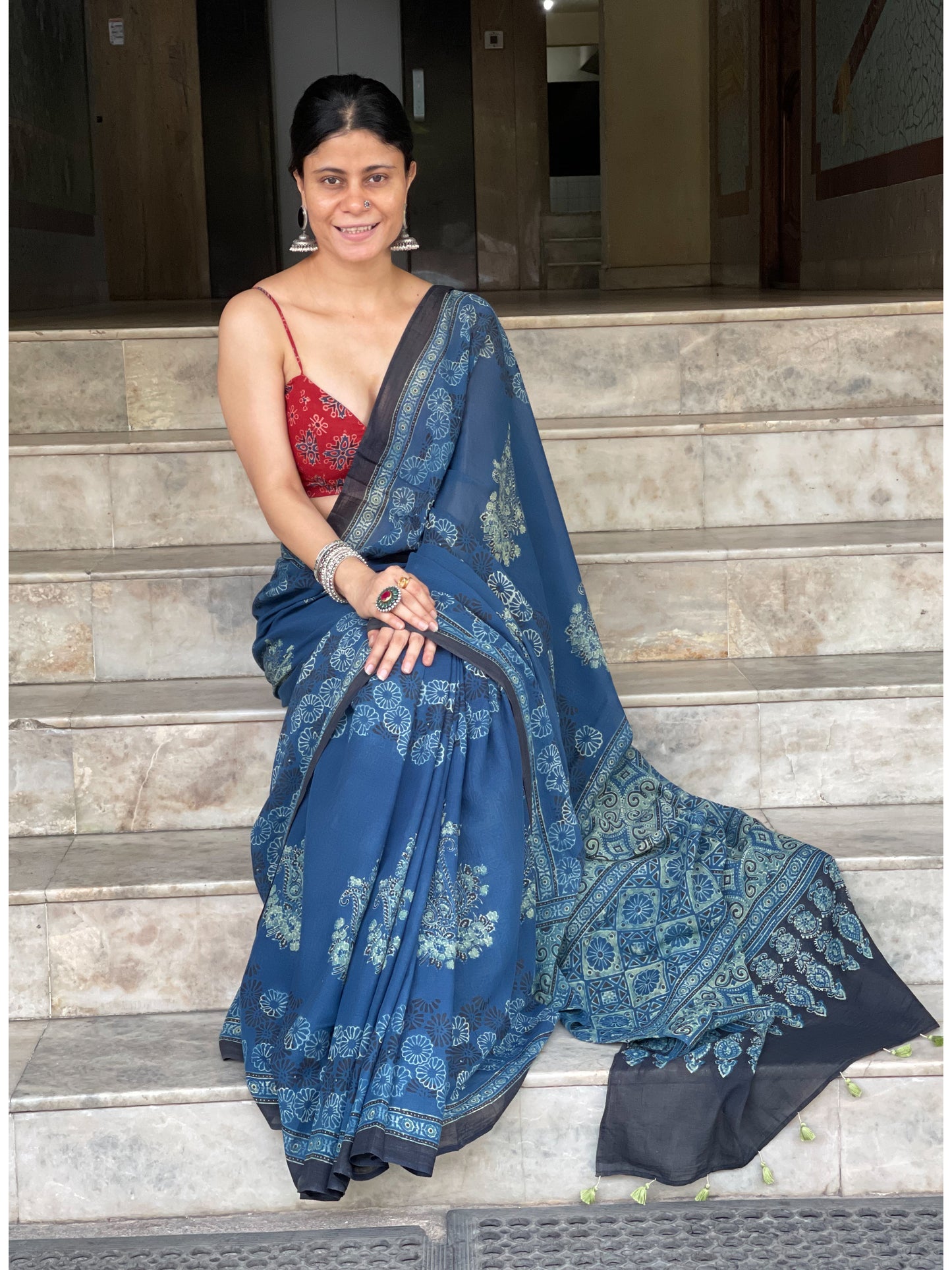 Handblock Printed Natural Dyed Ajrakh Mull Cotton Saree