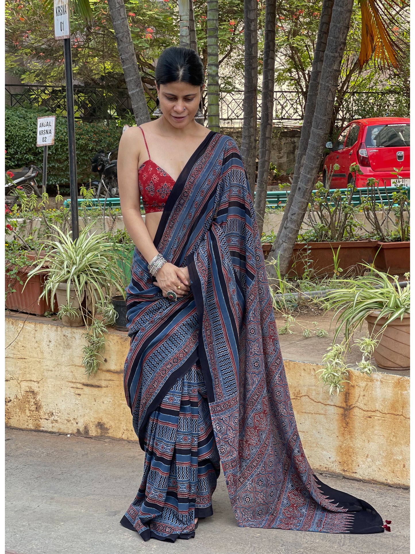 Handblock Printed Natural Dyed Ajrakh Mull Cotton Saree