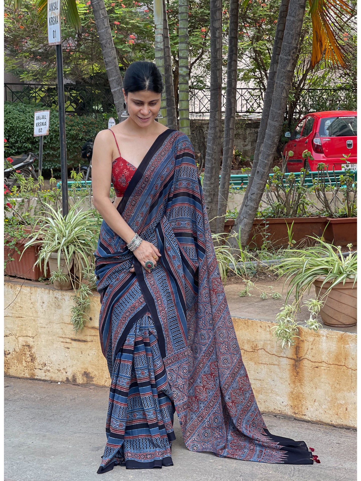 Handblock Printed Natural Dyed Ajrakh Mull Cotton Saree