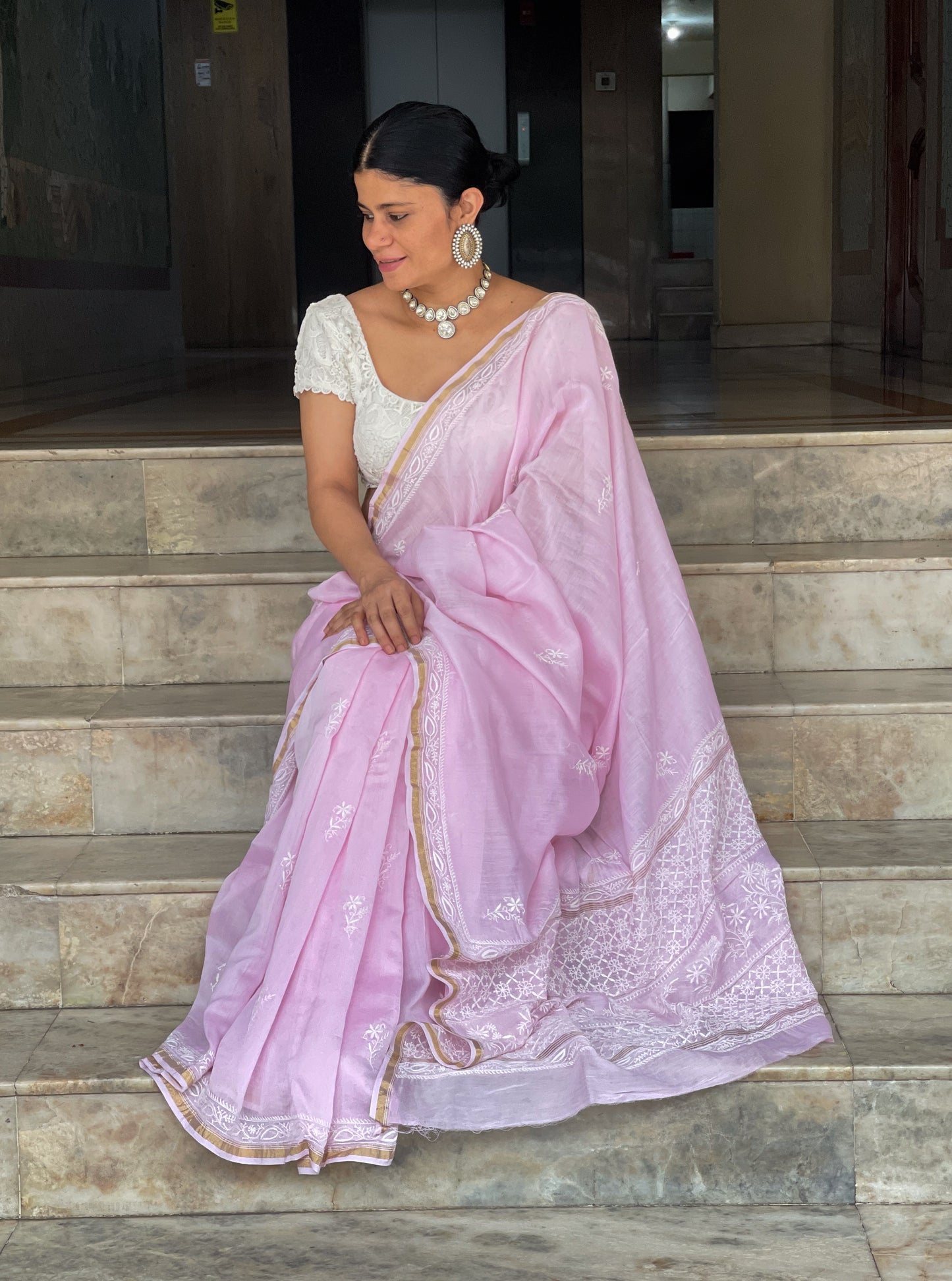 Handembroidered Chikanakri Pure Chanderi Silk Saree