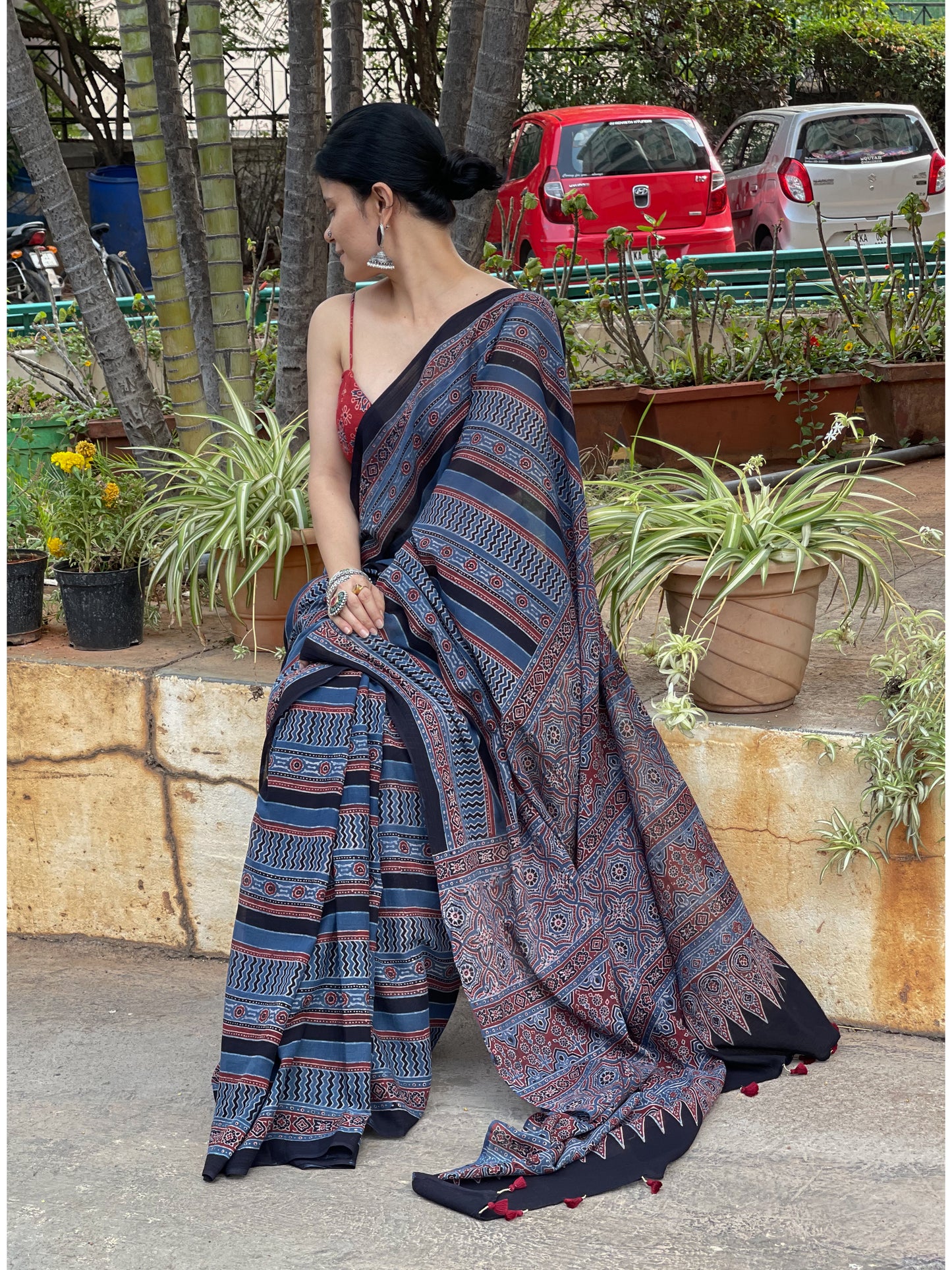 Handblock Printed Natural Dyed Ajrakh Mull Cotton Saree