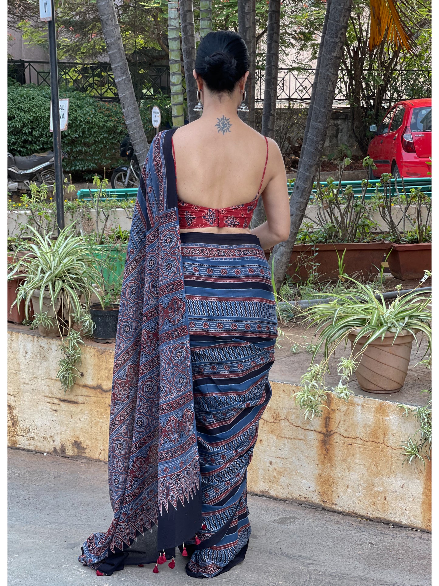 Handblock Printed Natural Dyed Ajrakh Mull Cotton Saree