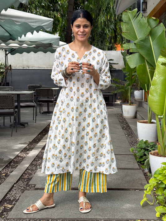 Handloom Muslin Jamdani with Handblock Printed Kurta.