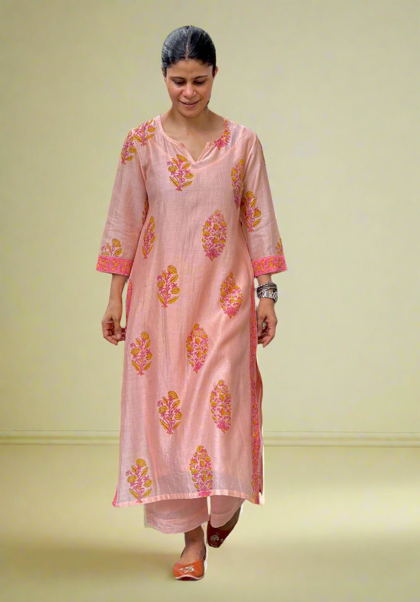 Handloom Hand Block Printed Chanderi Silk Kurta Set