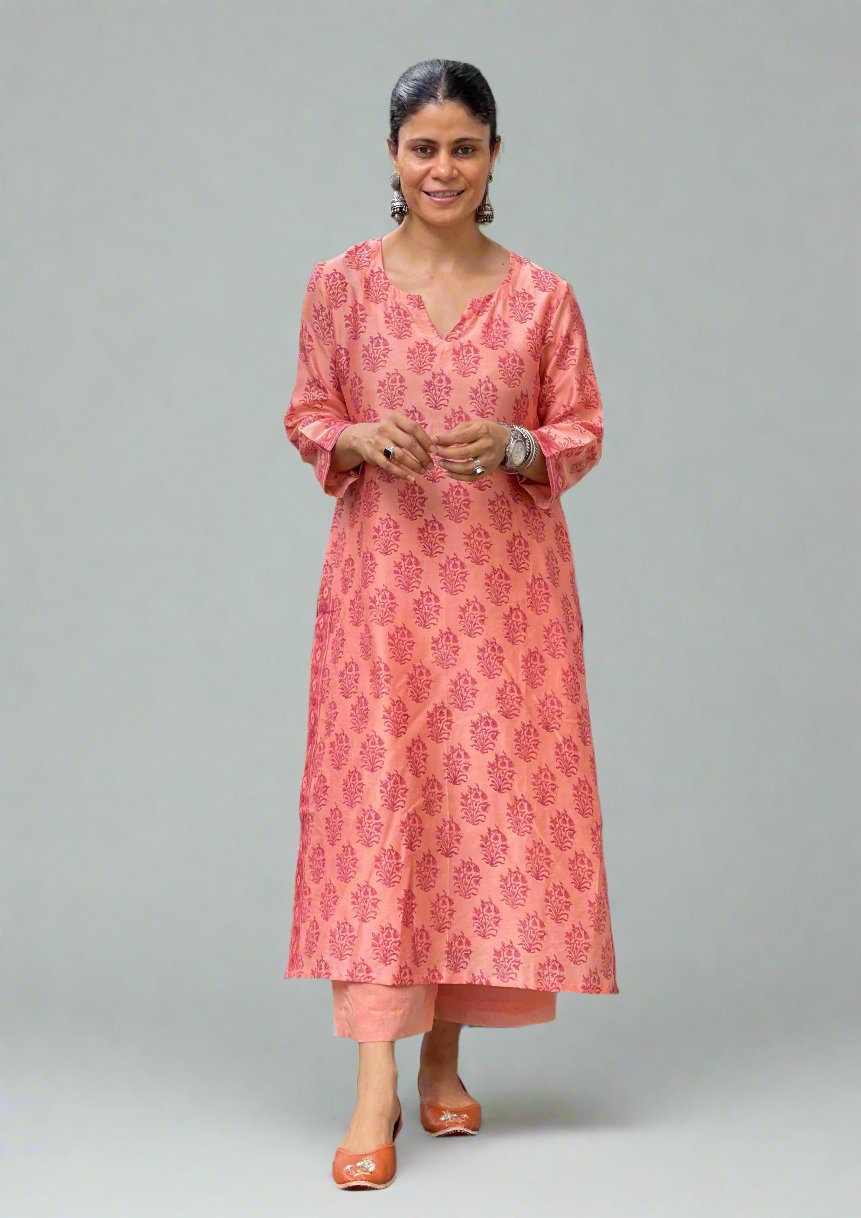 Handloom Hand Block Printed Chanderi Silk Kurta Set