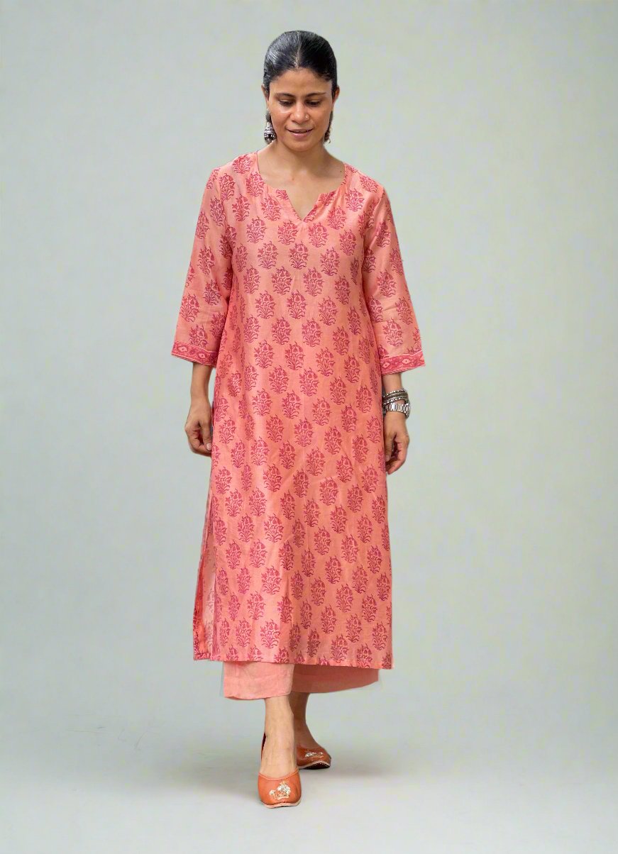 Handloom Hand Block Printed Chanderi Silk Kurta Set