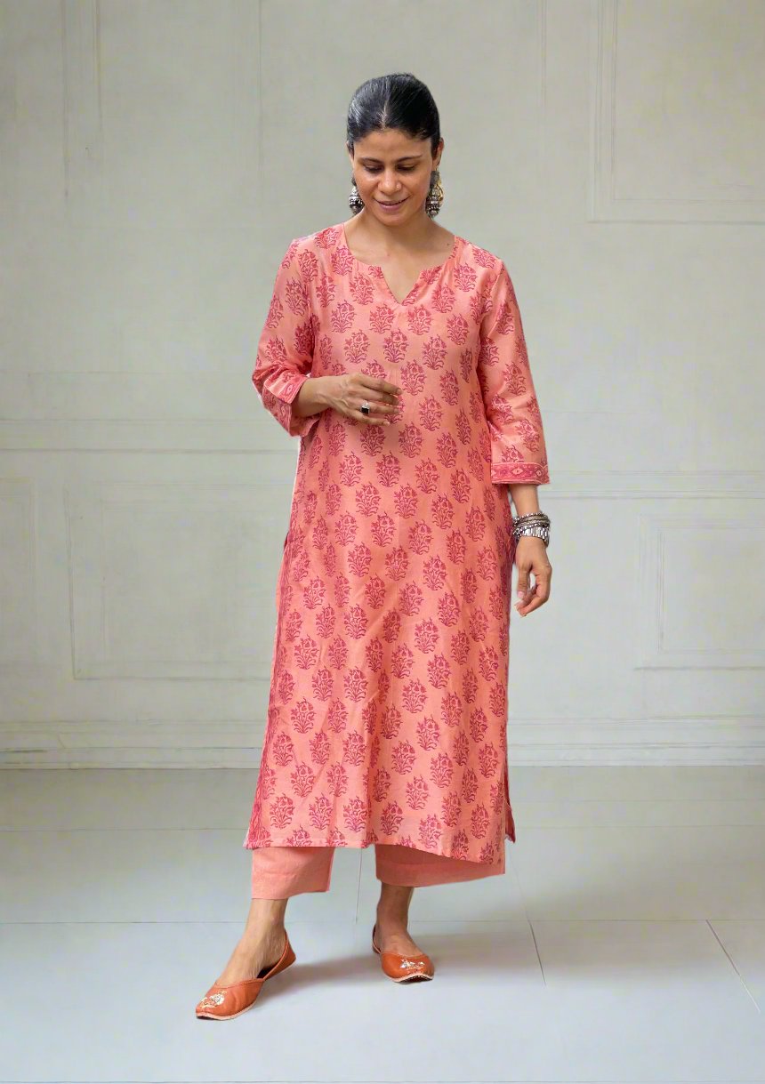Handloom Hand Block Printed Chanderi Silk Kurta Set