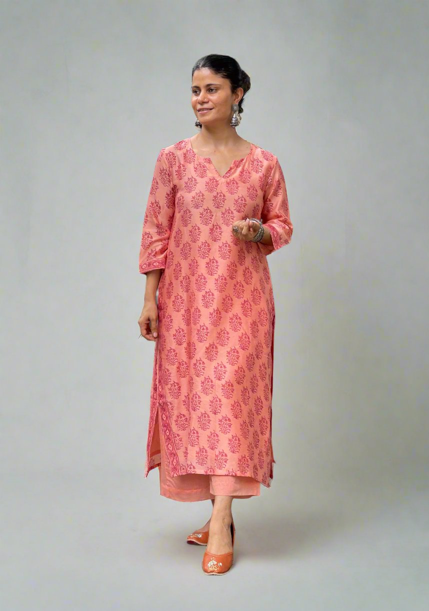 Handloom Hand Block Printed Chanderi Silk Kurta Set