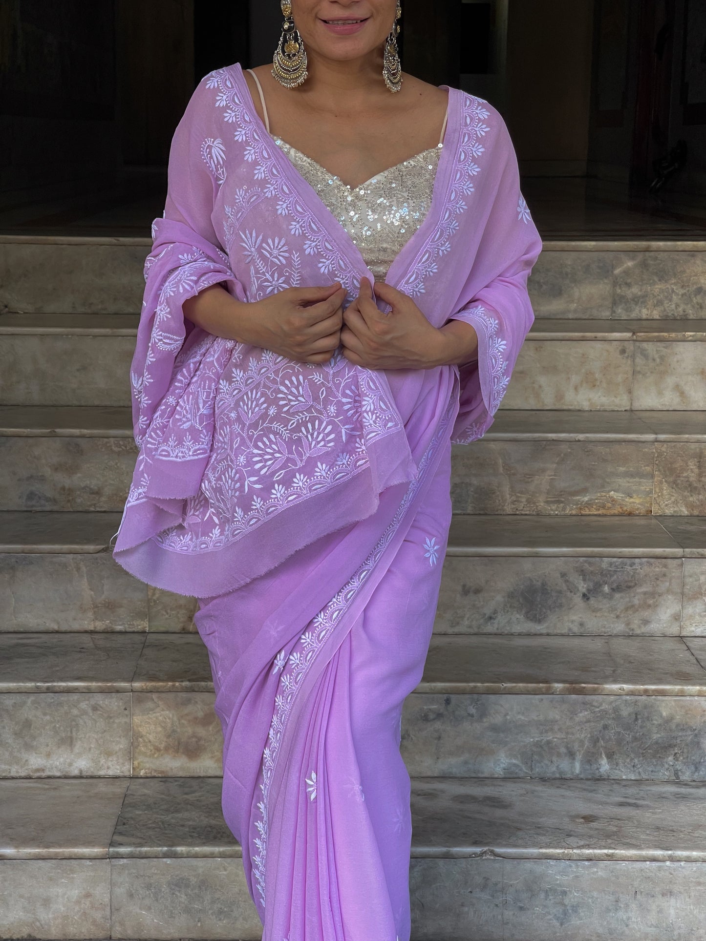 Handembroidered Chikanakri Pure georgette Silk Saree