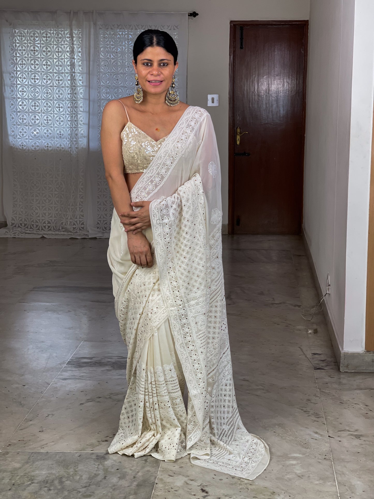 Handembroidered Chikanakri & Mukaish Pure georgette Silk Saree