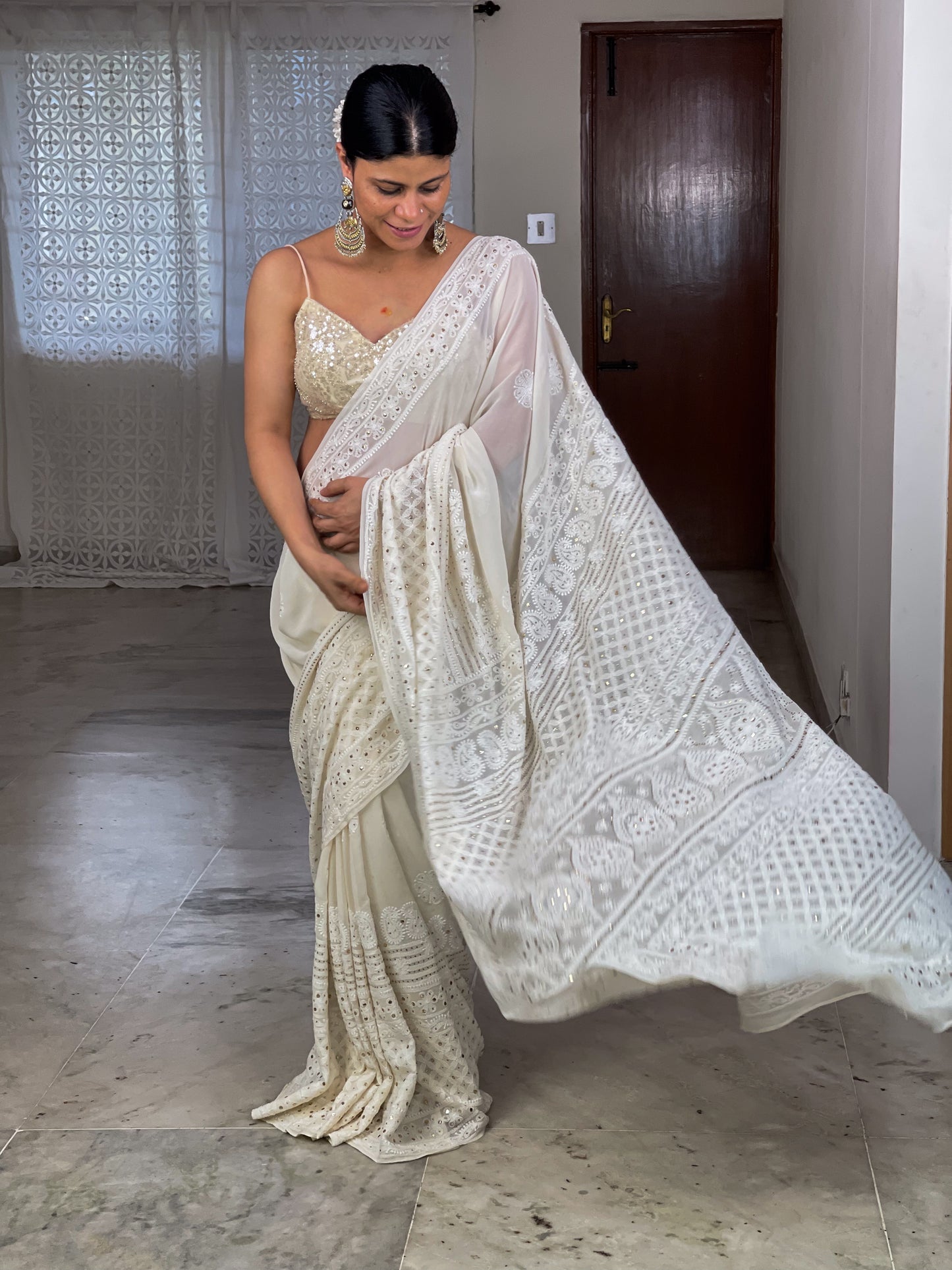 Handembroidered Chikanakri & Mukaish Pure georgette Silk Saree