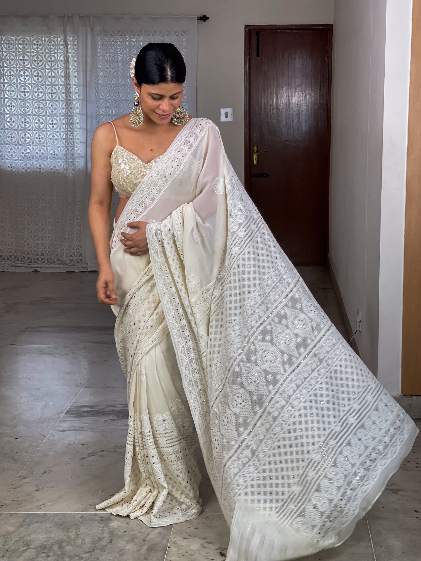 Handembroidered Chikanakri & Mukaish Pure georgette Silk Saree