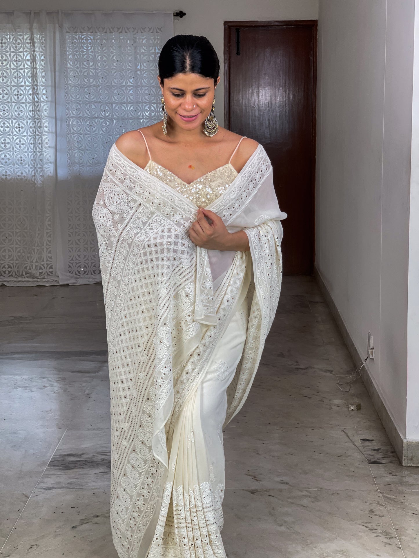 Handembroidered Chikanakri & Mukaish Pure georgette Silk Saree