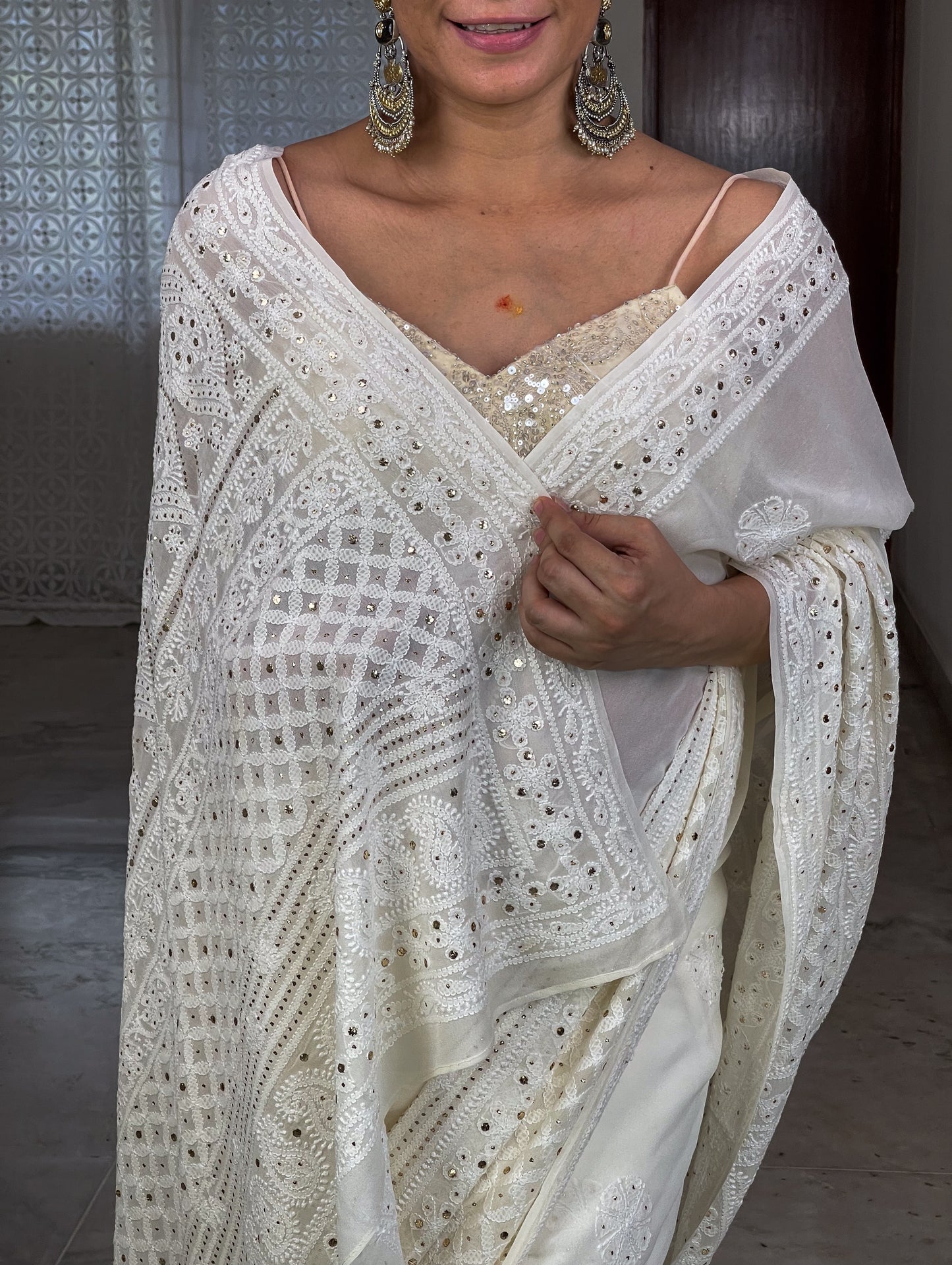 Handembroidered Chikanakri & Mukaish Pure georgette Silk Saree