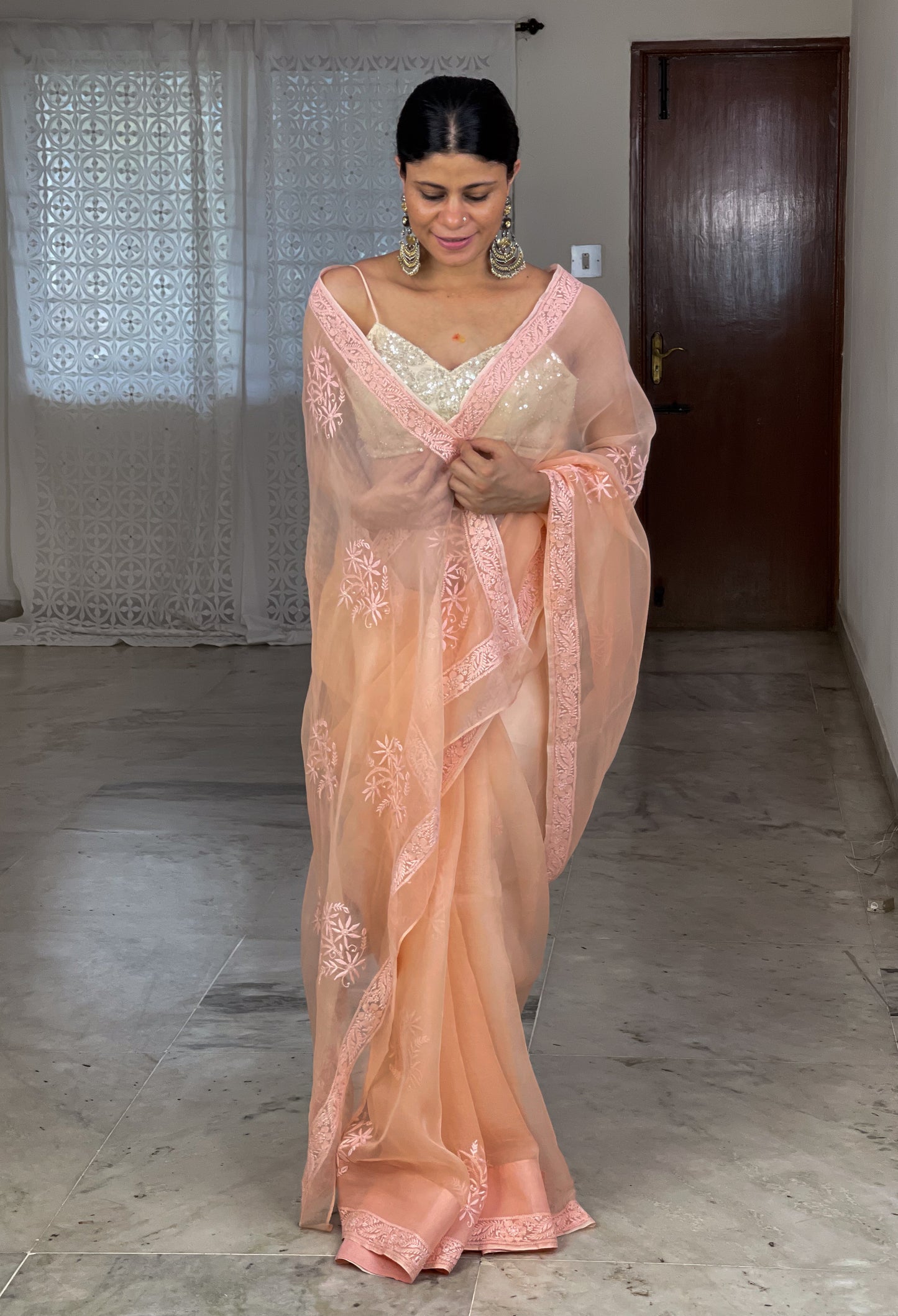 Handembroidered Chikanakri Organza Silk saree