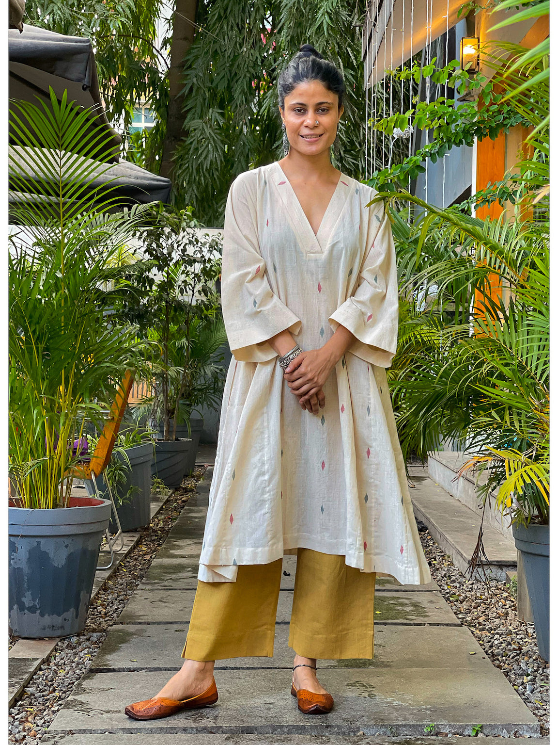 Handwoven Natural Dyed Cotton Jamdani Kalidar Kurta