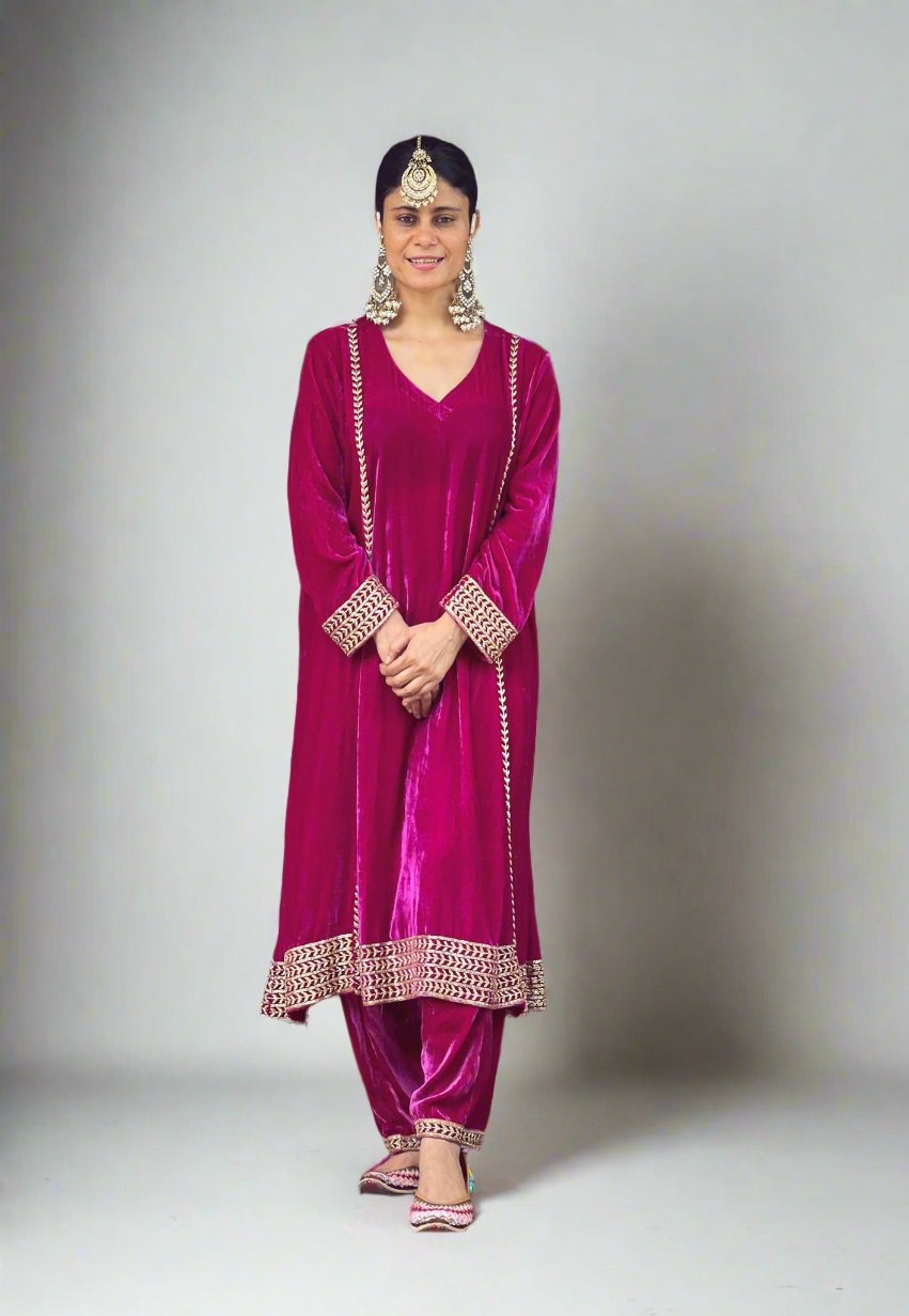 Hand embroidered Pure Silk Velevet kalidar Kurta with Pant