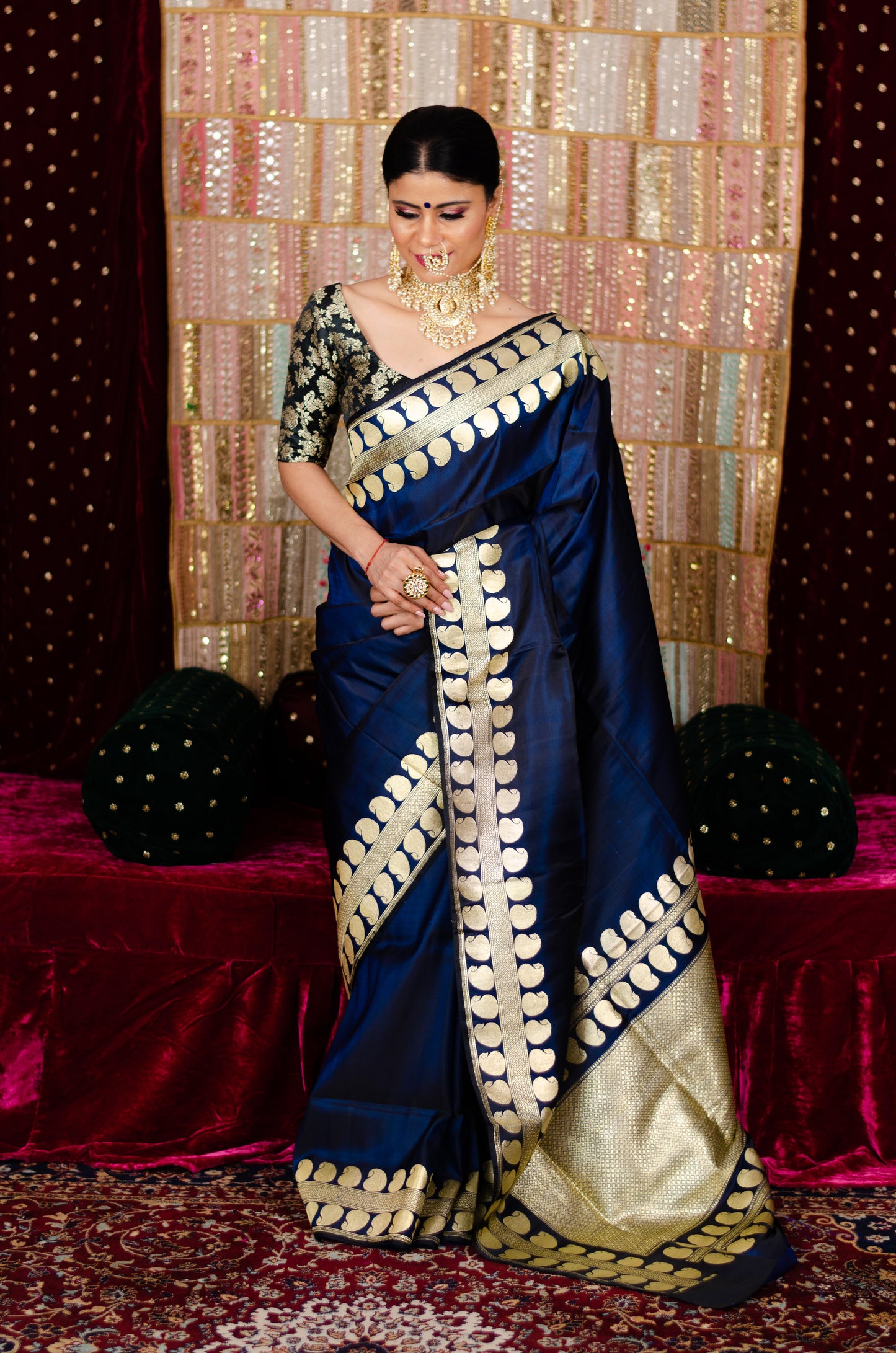Deep Navi Blue Colour Handwoven Kadwa Katan Silk Banarasi Saree
