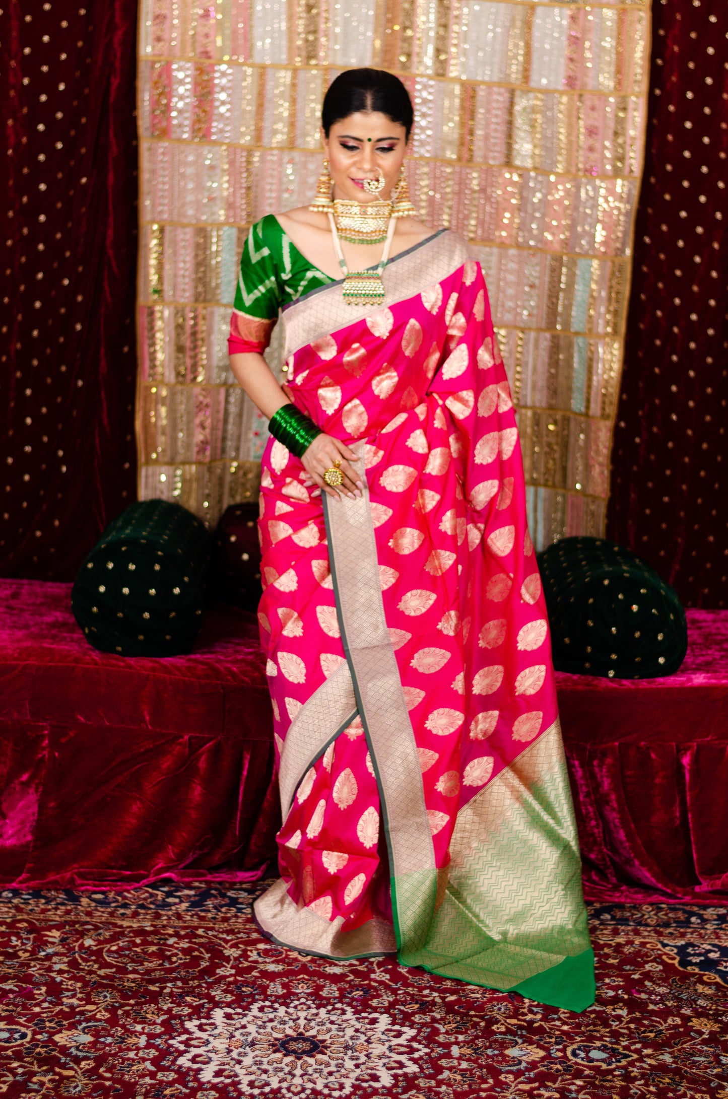 Pink Body & Green Colour Border Colour Handloom Katan Silk Banarasi Saree