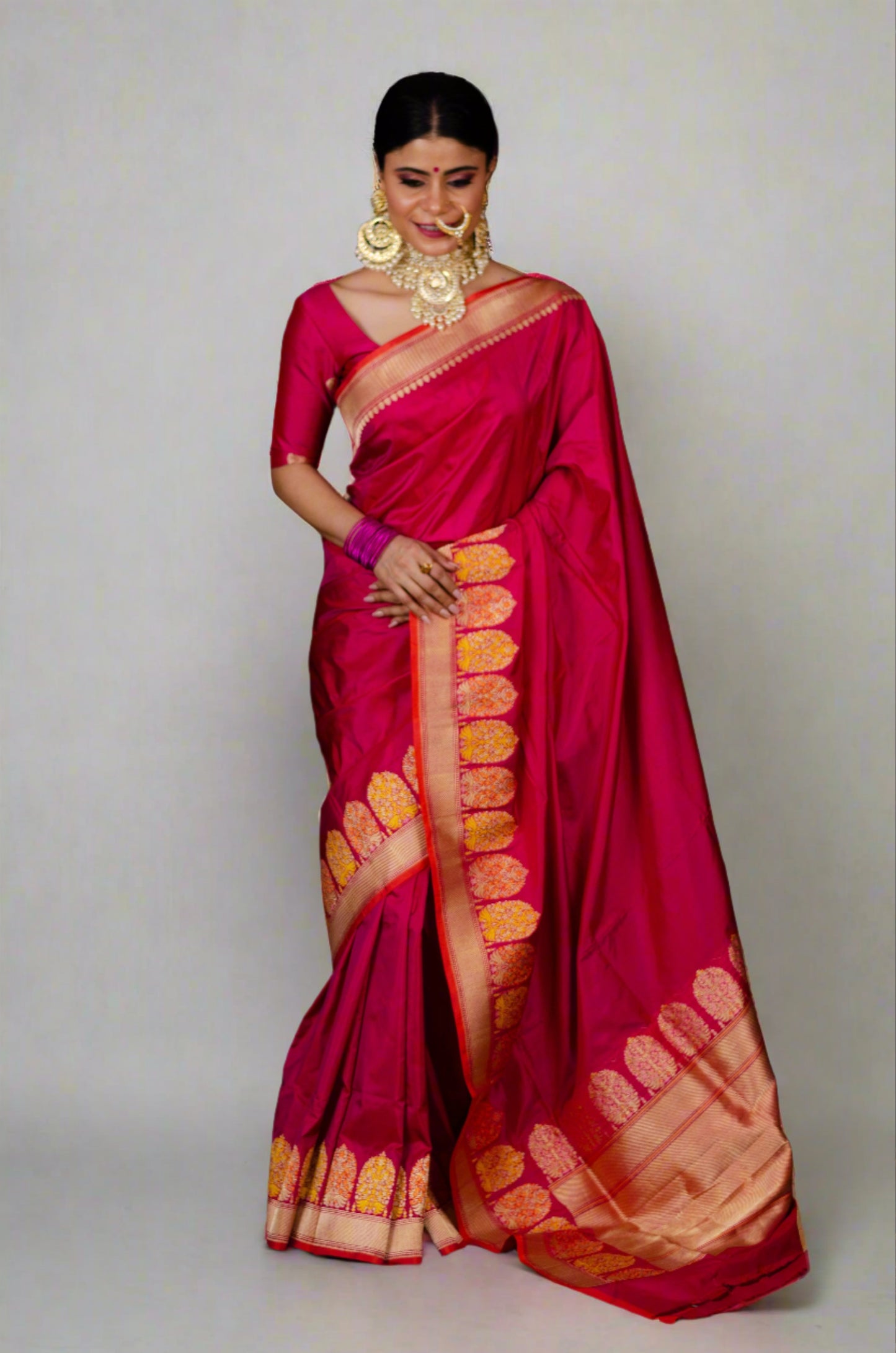 Rani Pink Colour Handwoven Kadwa Meenakari Katan Silk Banarasi Saree